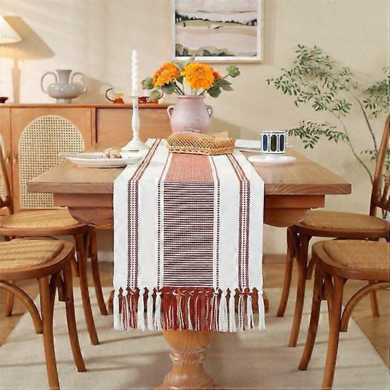 Bohemian Cotton and Linen Table Runner with Tassels - 35x275cm Simple Thick Checked Woven Tablecloth - Everyday Tablecloth - Soft and Durable - Washa