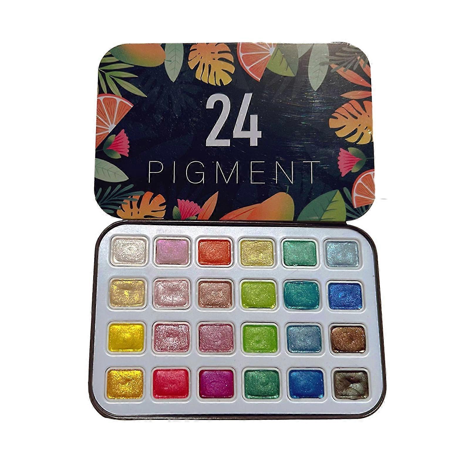 24 Colors Pearlescent Pigment Watercolors Set Shining Metallic Gouache Paint Portable Iron Palette