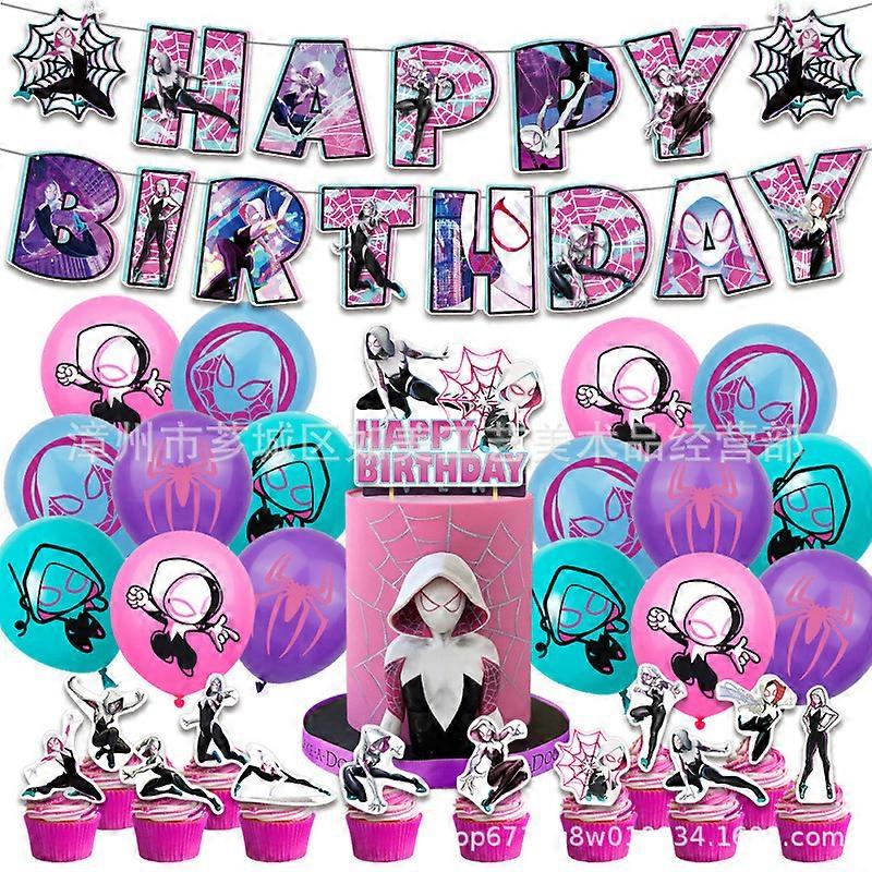 Gwen Stacy Spider-Woman Birthday Party Decorations Set with Paper Banners, Flags and Balloons, Multi-Color Options