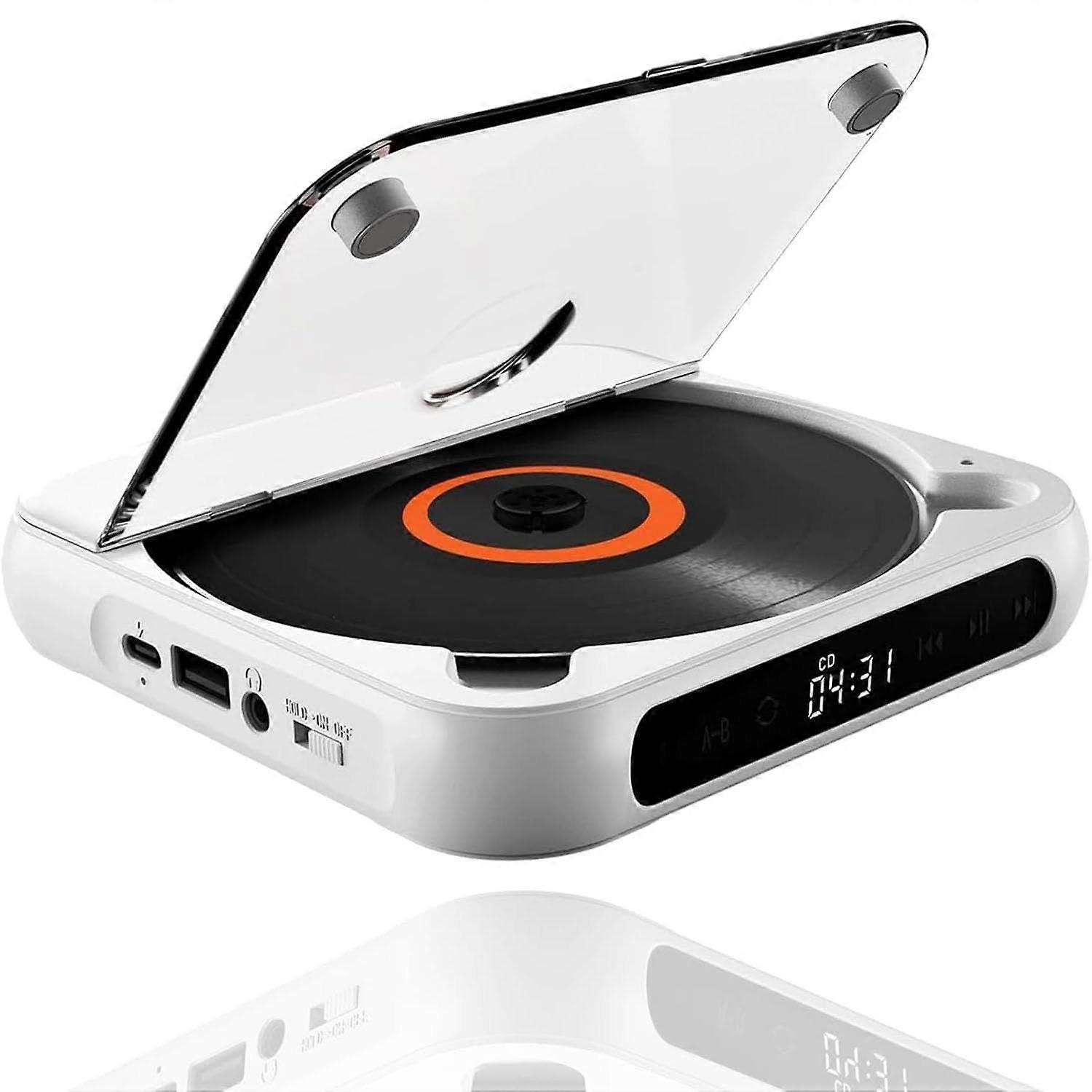 Portable CD Player With Bluetooth Compatible HiFi Sound Rechargeable Compact Lightweight Travel Car Home White