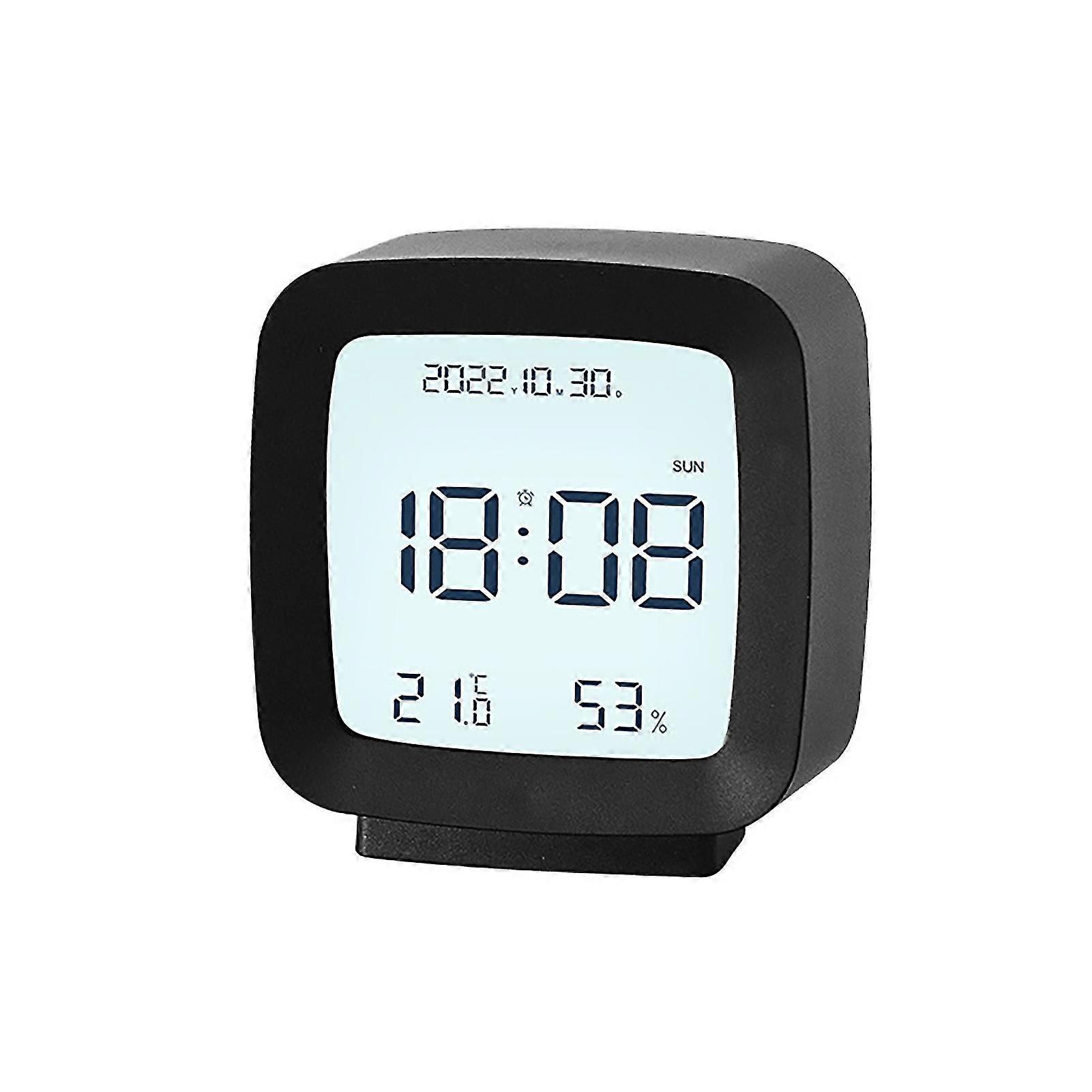 Compact Digital Alarm Clock Temperature and Humidity Display Adjustable Brightness Bedside Clock Child-Friendly Design Battery-Powered Blac