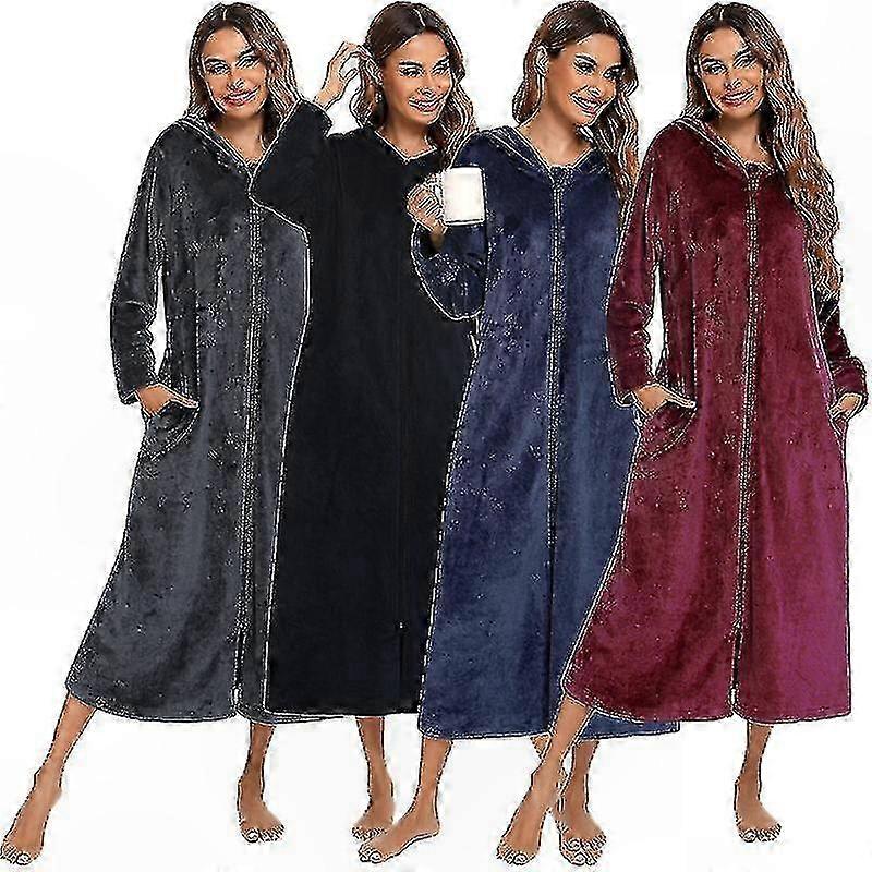 Full-Length Women's Flannel Bathrobe with Zippered Front Closure