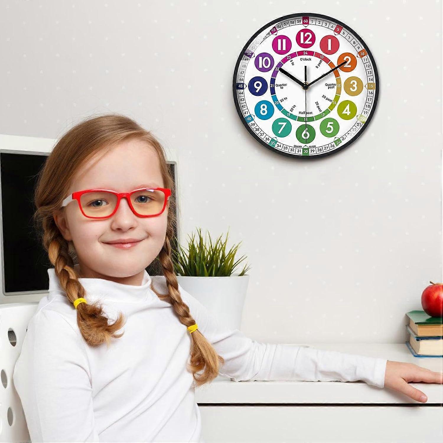 Learning Clock 10Inch Teaching Clock For Children Silent NonTicking BatteryOperated Black