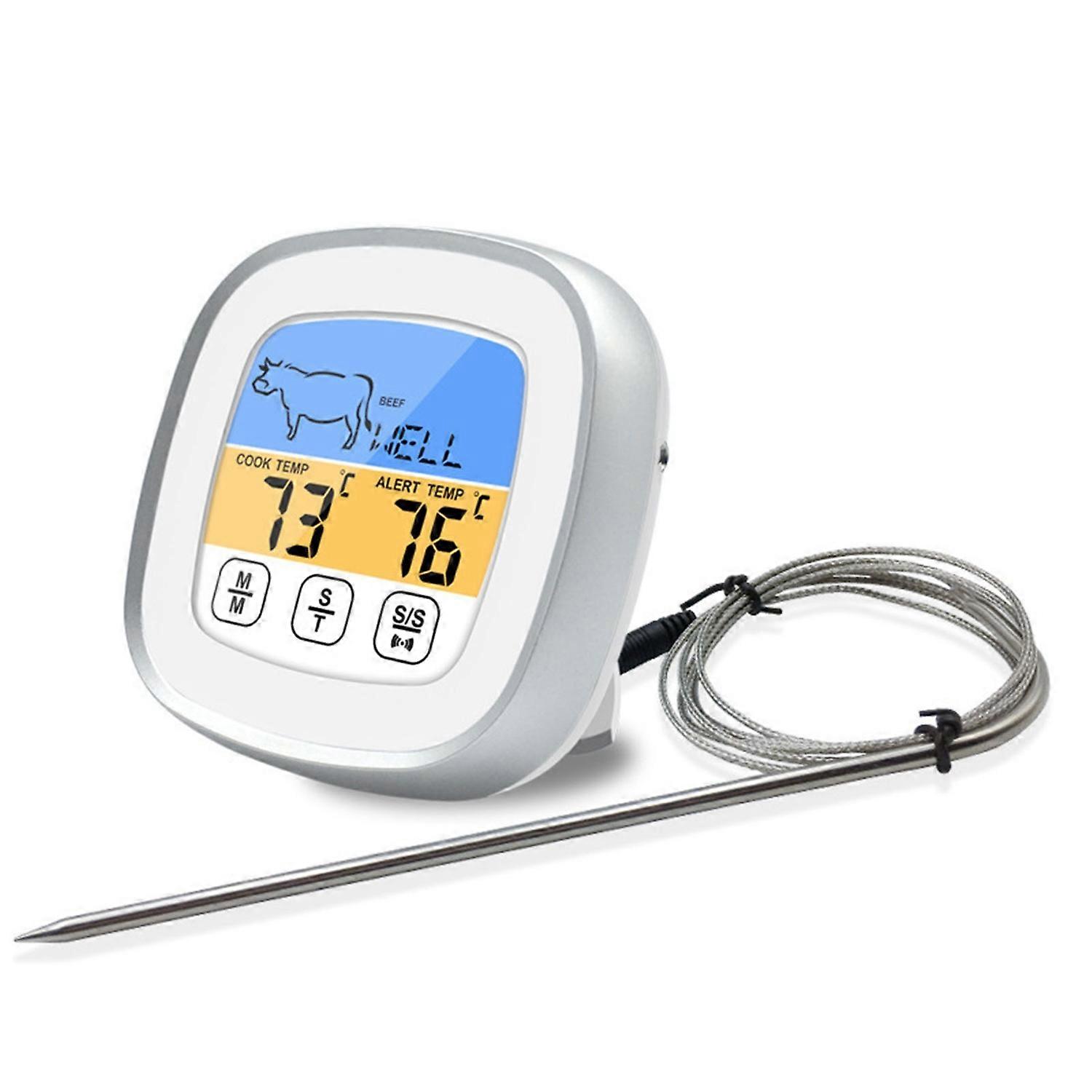 Digital Timer Thermometer Touch Screen Stainless Steel Meat Thermometer for Kitchen BBQ White