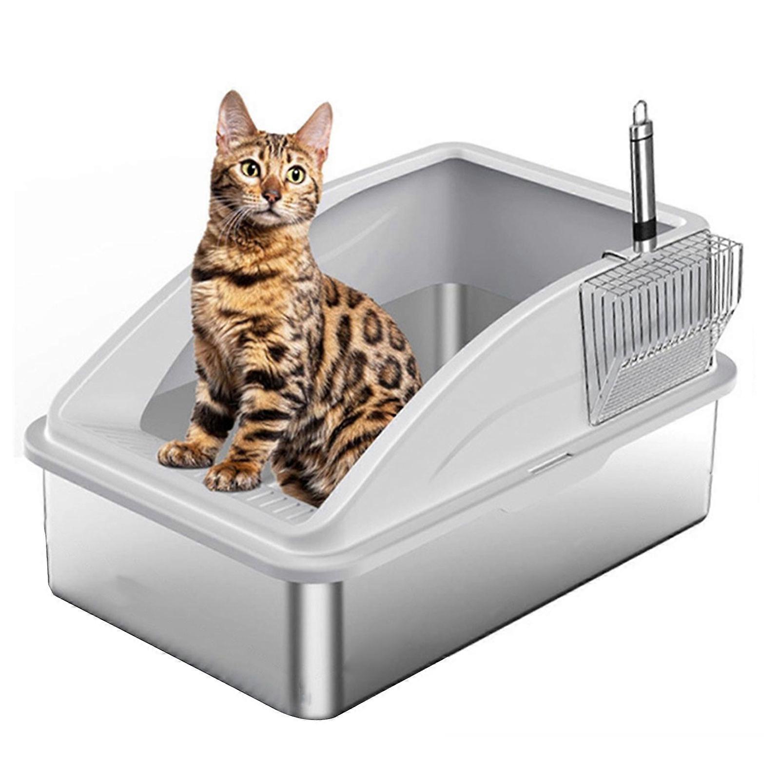 Enclosed Stainless Steel Cats Litter Box With Scoops SplashPrevent Design Litter Container For Odors Eliminations  Light Grey