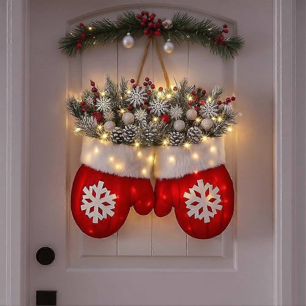 Christmas LED Mitten Wreath with 120 Lights and Auto Timer for Front Door or Wall Decor