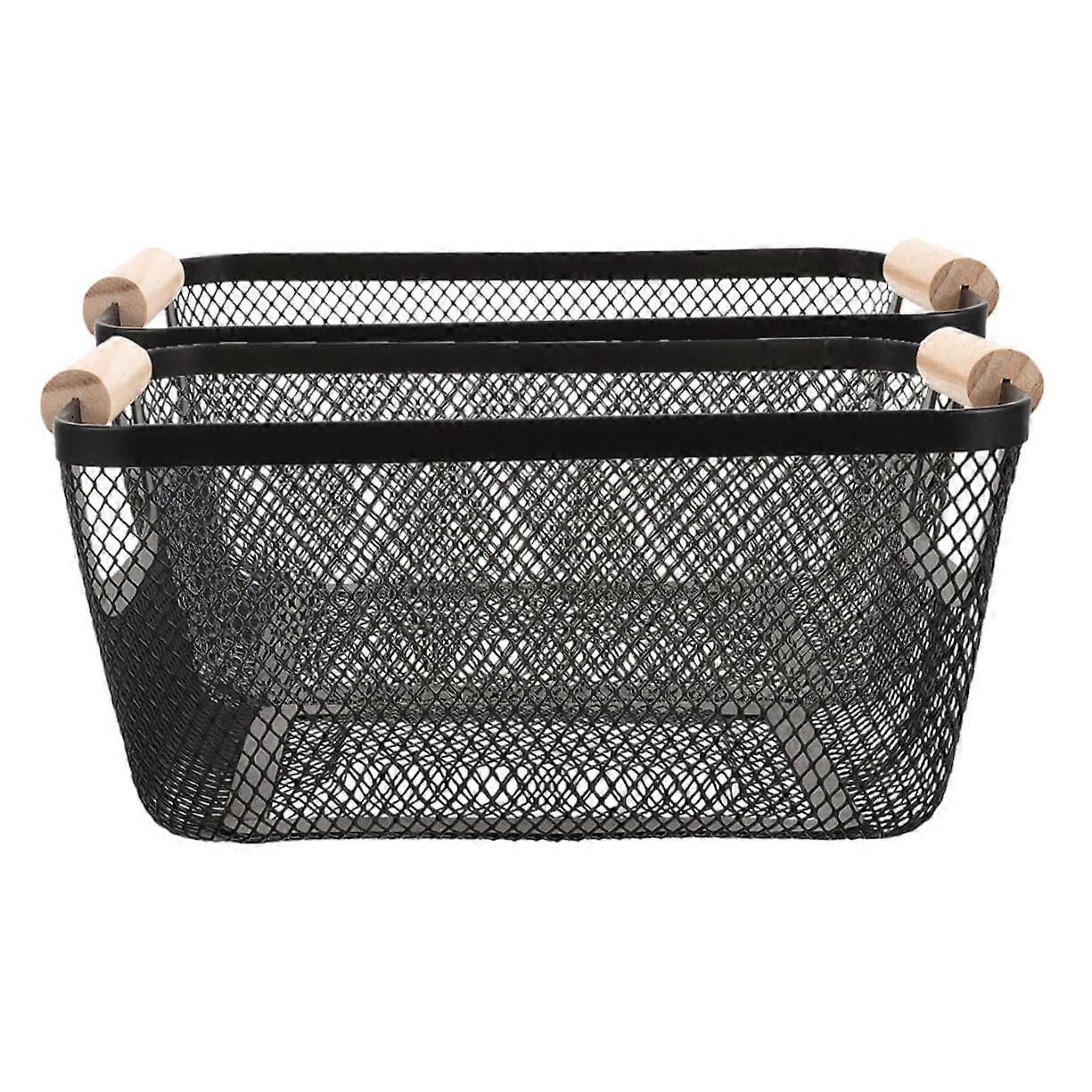 2pcs Large Wire Storage Baskets with Wooden Handles for Closet and Pantry Organization