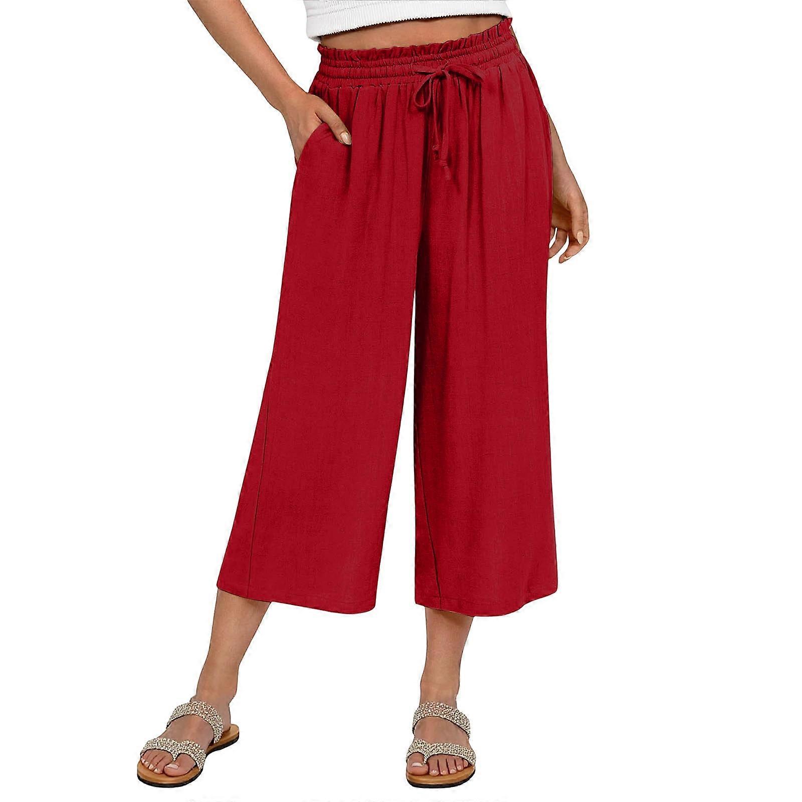 Women's Pants Drawstring Casual Trousers with Pockets Loose High Wide Leg Pants  orangered XL