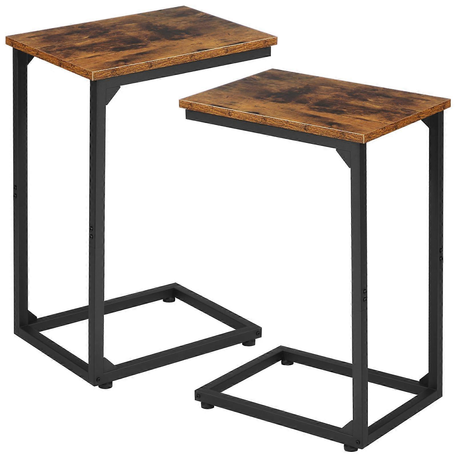 C Shaped Side Table Set of 2, Rustic Brown Industrial End Tables for Small Spaces, Sofa and Couch Slide Under Design
