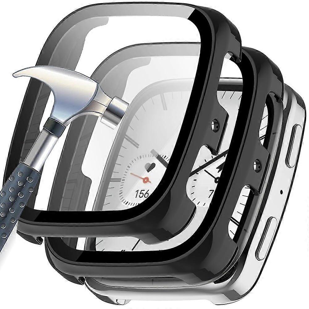 2Pack Square Case with Tempered Glass for Amazfit Active 2, 360° Full Coverage Screen Protector, 2 Black