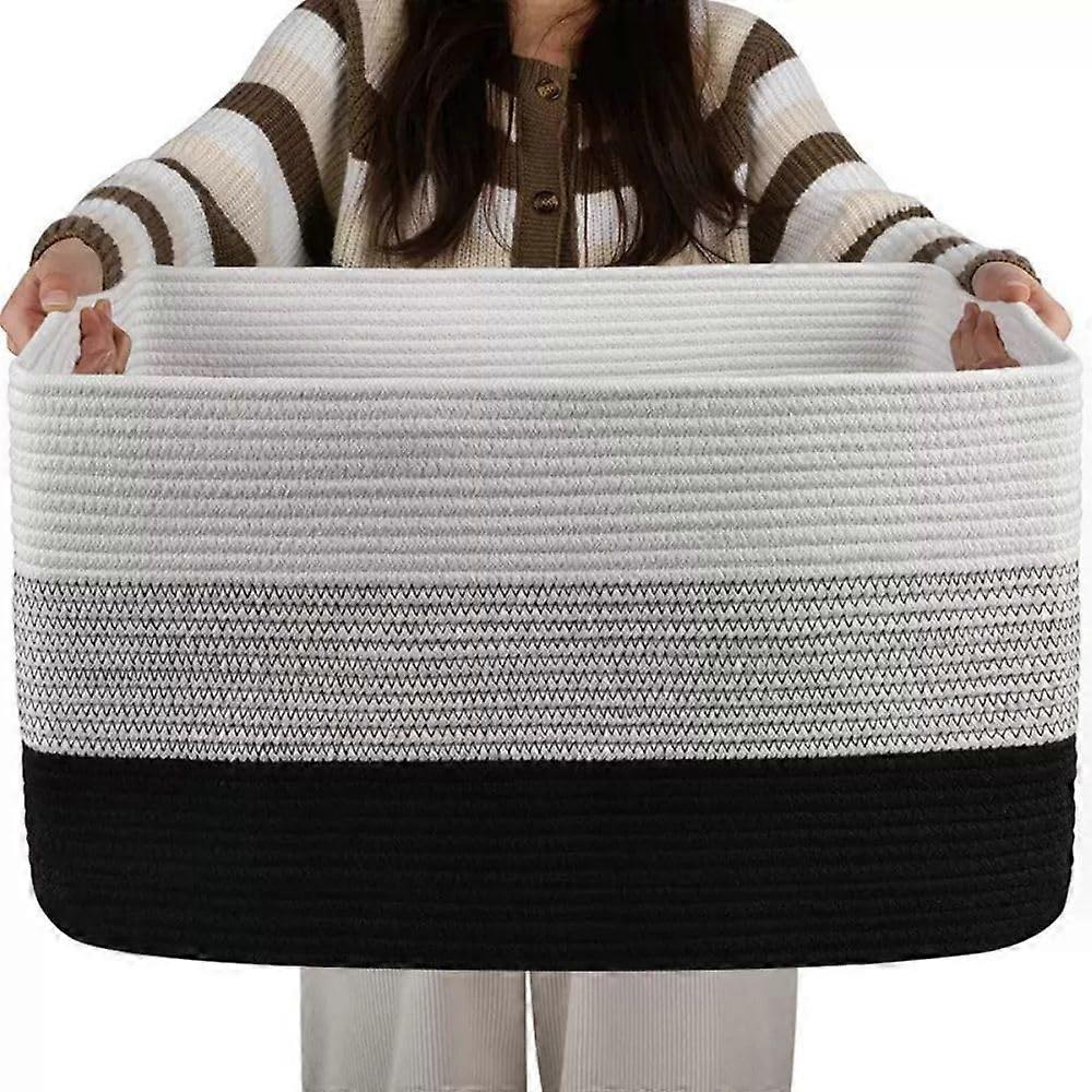 Large Storage Basket, Black and White Woven Design with Handle, Rectangular Blanket and Toy Organizer