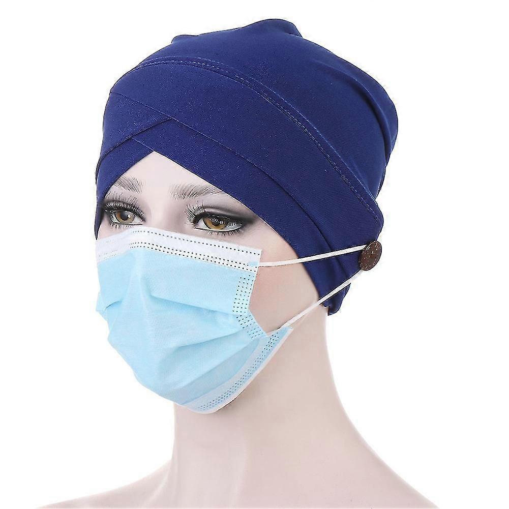 Women Solid Color Front Cross Beanie Bonnet Breathable Hat Cap With Button