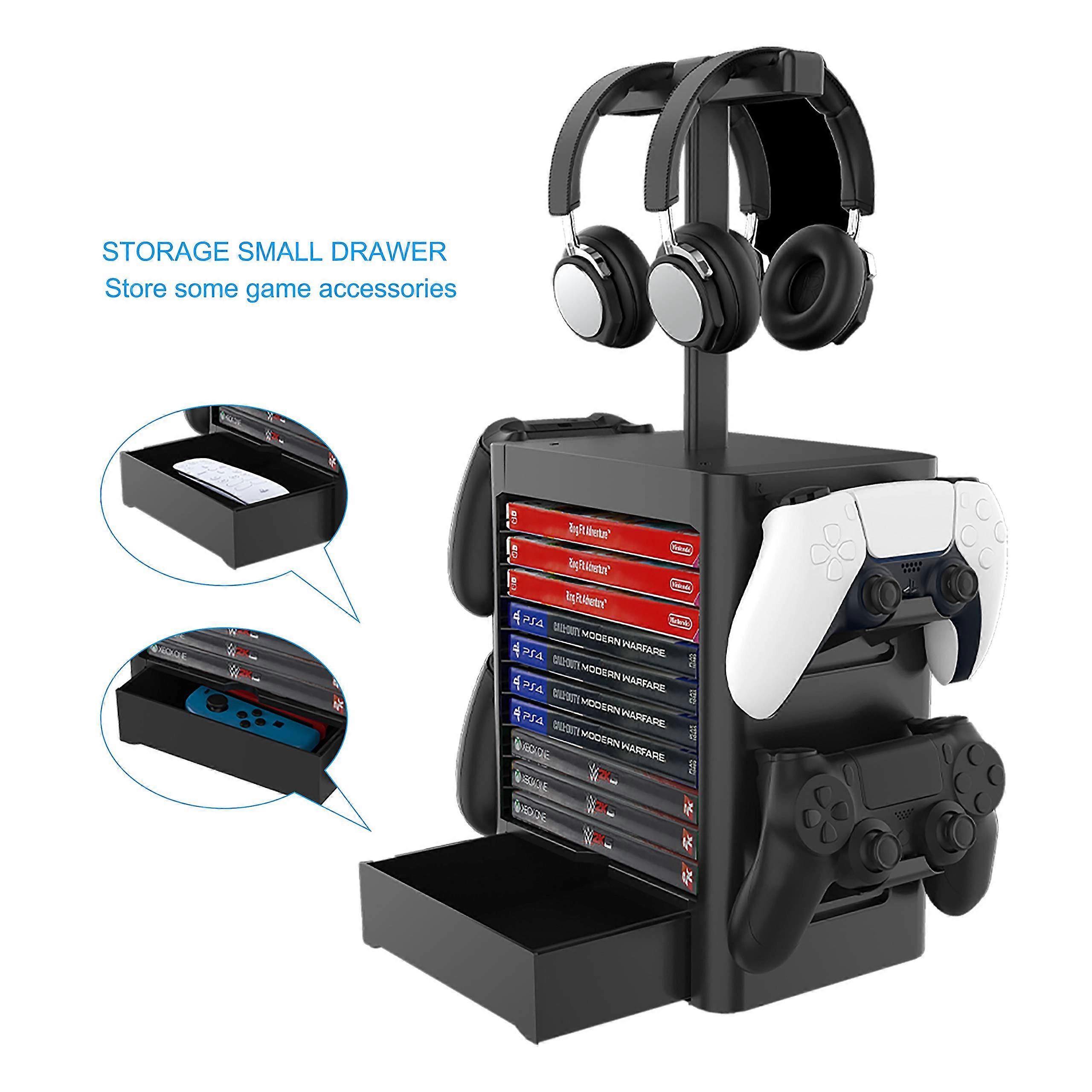 Gaming Storage Stand for PS5, Xbox and Switch, Game Disc and Controller Holder with Headset Stand