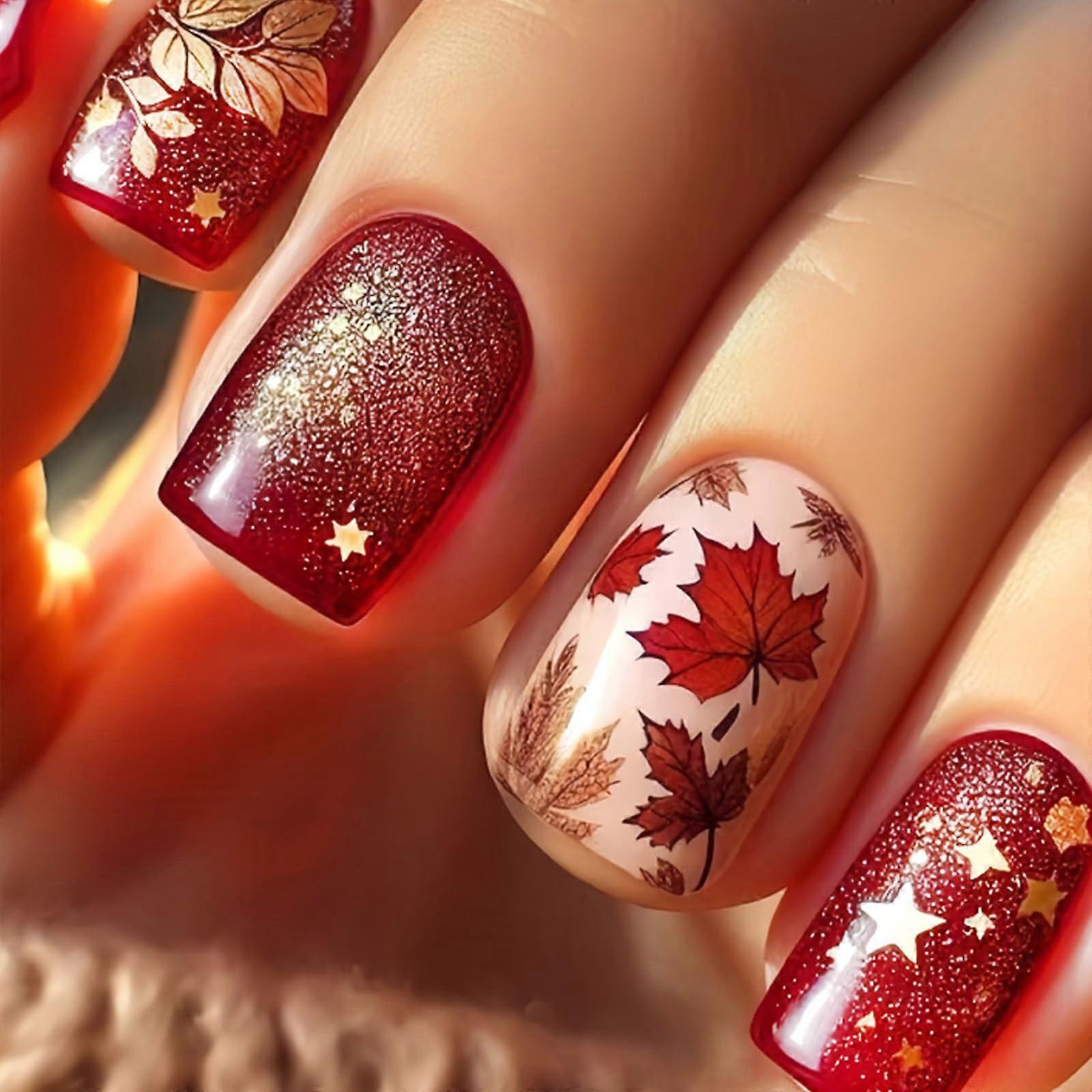 Fall Press On Nails Medium Acrylic Square Fake Nails with Maple Leaf Thanksgiving Designs