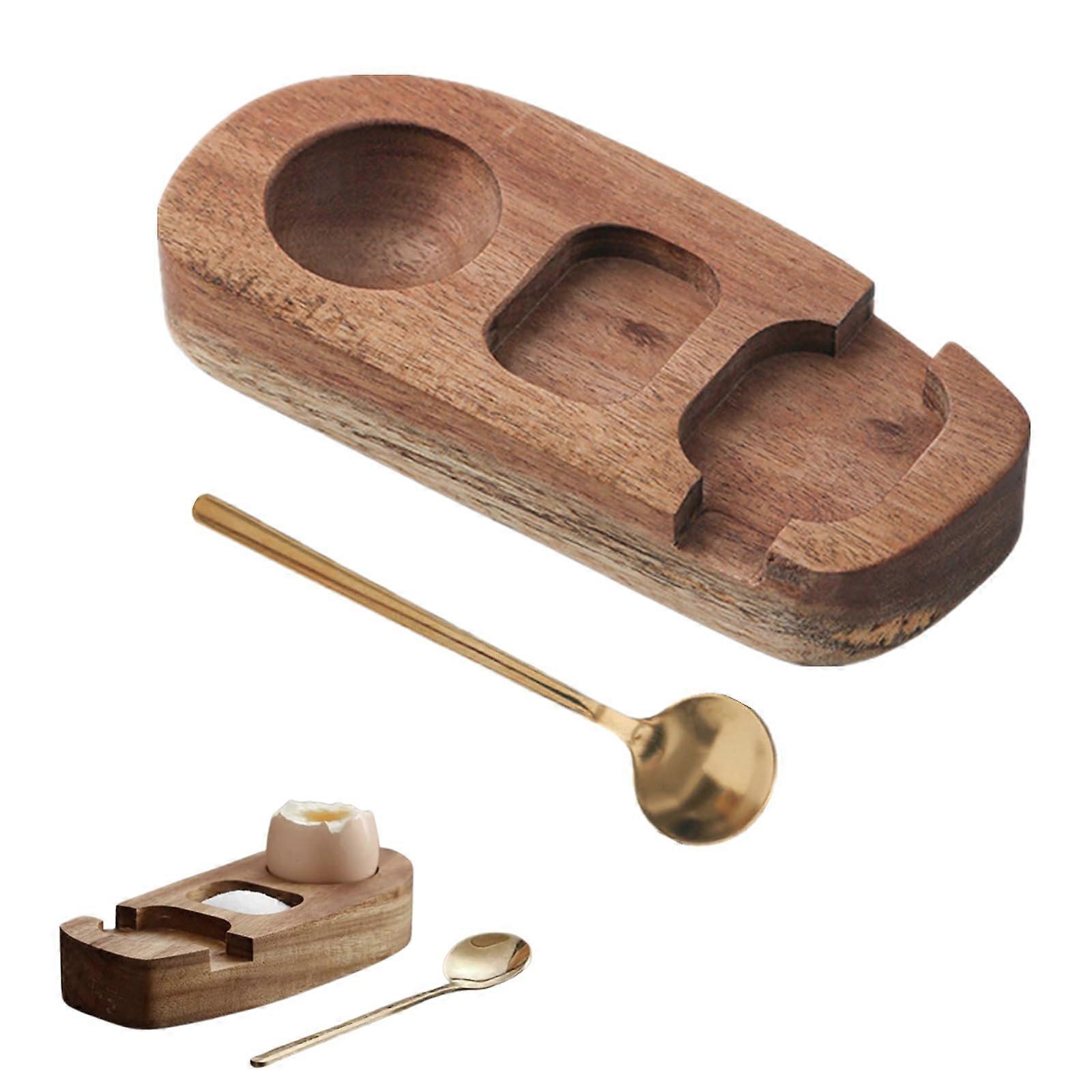 Wooden Egg Holder with Spoon for Breakfast Serving, Rustic Egg Tray for Kitchen Countertop