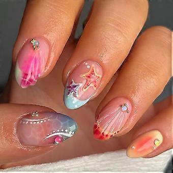 Medium Length Almond Press On Nails Glossy Pink Blue 3D Ocean Style False Nails 24pcs Reusable