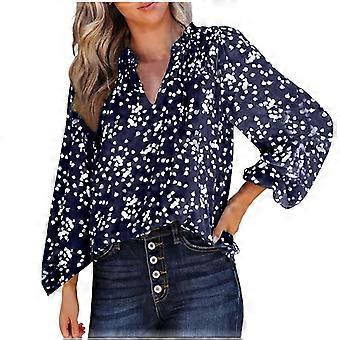 Damebluser med V-hals og blomsterprint, smockprint og langærmet chiffon, afslappet stil, boheme-top