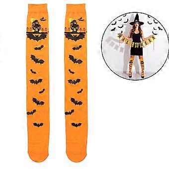 1Paire de chaussettes imprimées Halloween, chauve-souris, bas de soirée, costumes de fête, bas de soie (Orange)