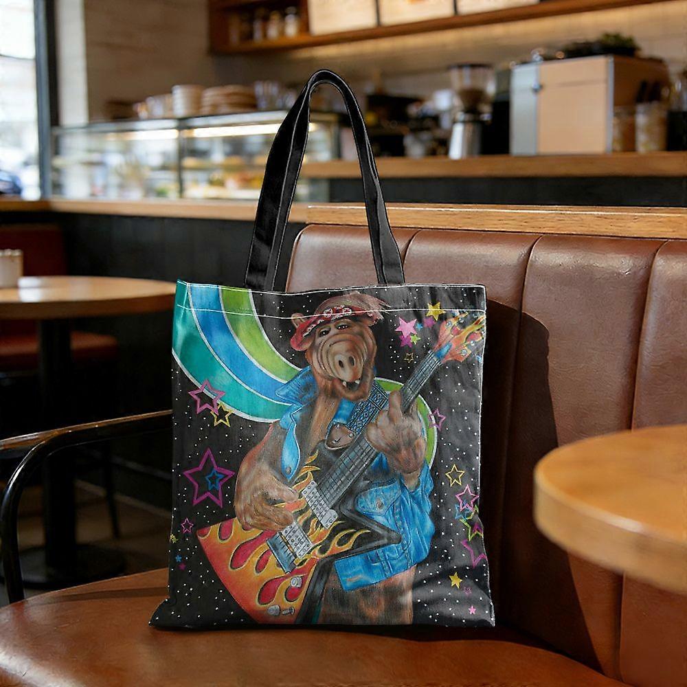 Sac ALF Alien Jouant de la Guitare en Flammes - Sac de courses réutilisable et résistant en polyester avec impression à chaud ALF Music, - Thème H-Rpolk