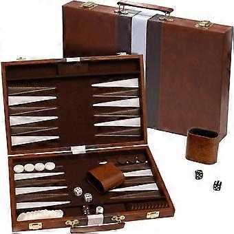 Backgammon-Brettspiel, Deluxe-Etui in Lederoptik, Innenfutter aus Filz, Braun, Klassisch