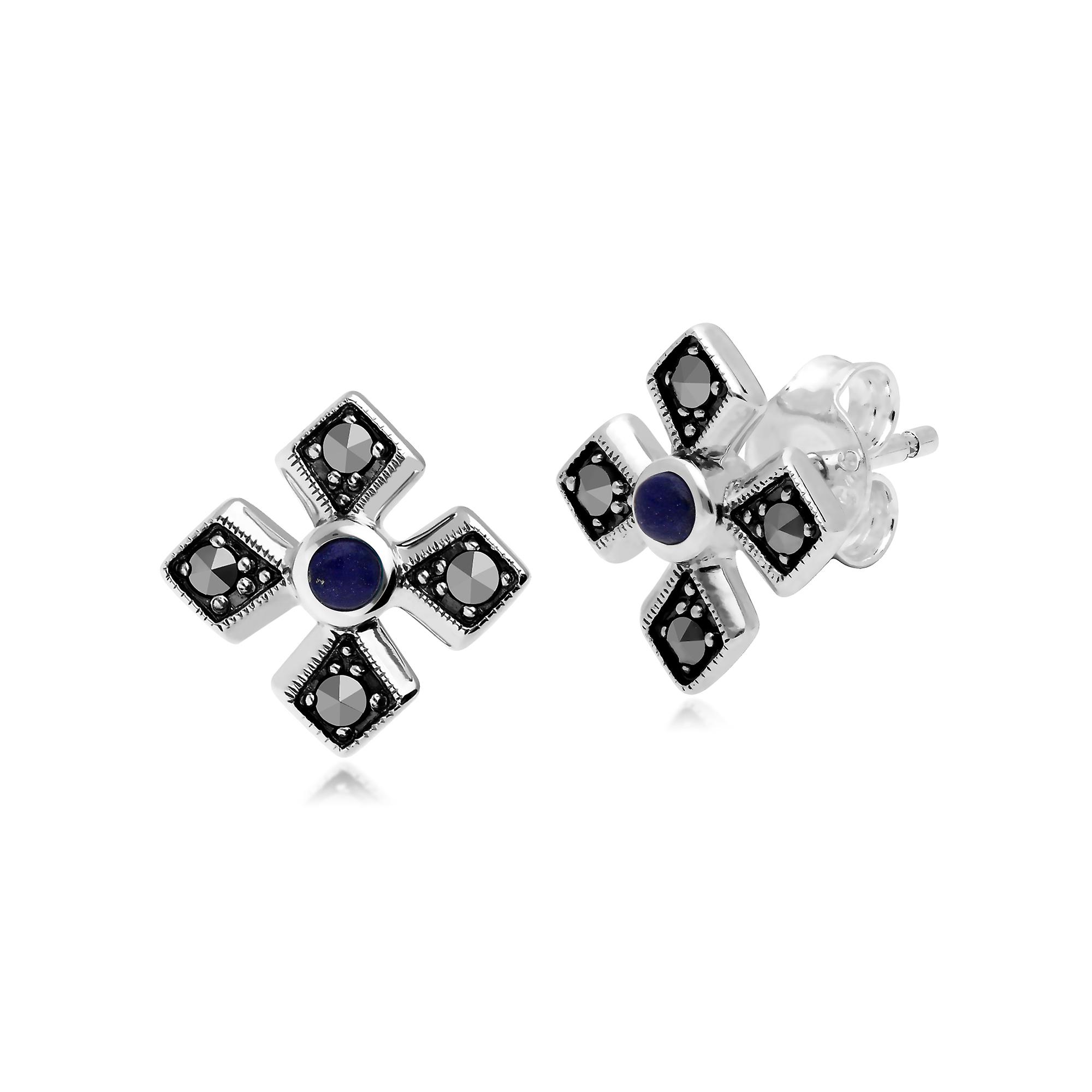 Art Deco Style Round Lapis Lazuli & Marcasite Gothic Style Cross Studs in 925 Sterling Silver 214E859903925