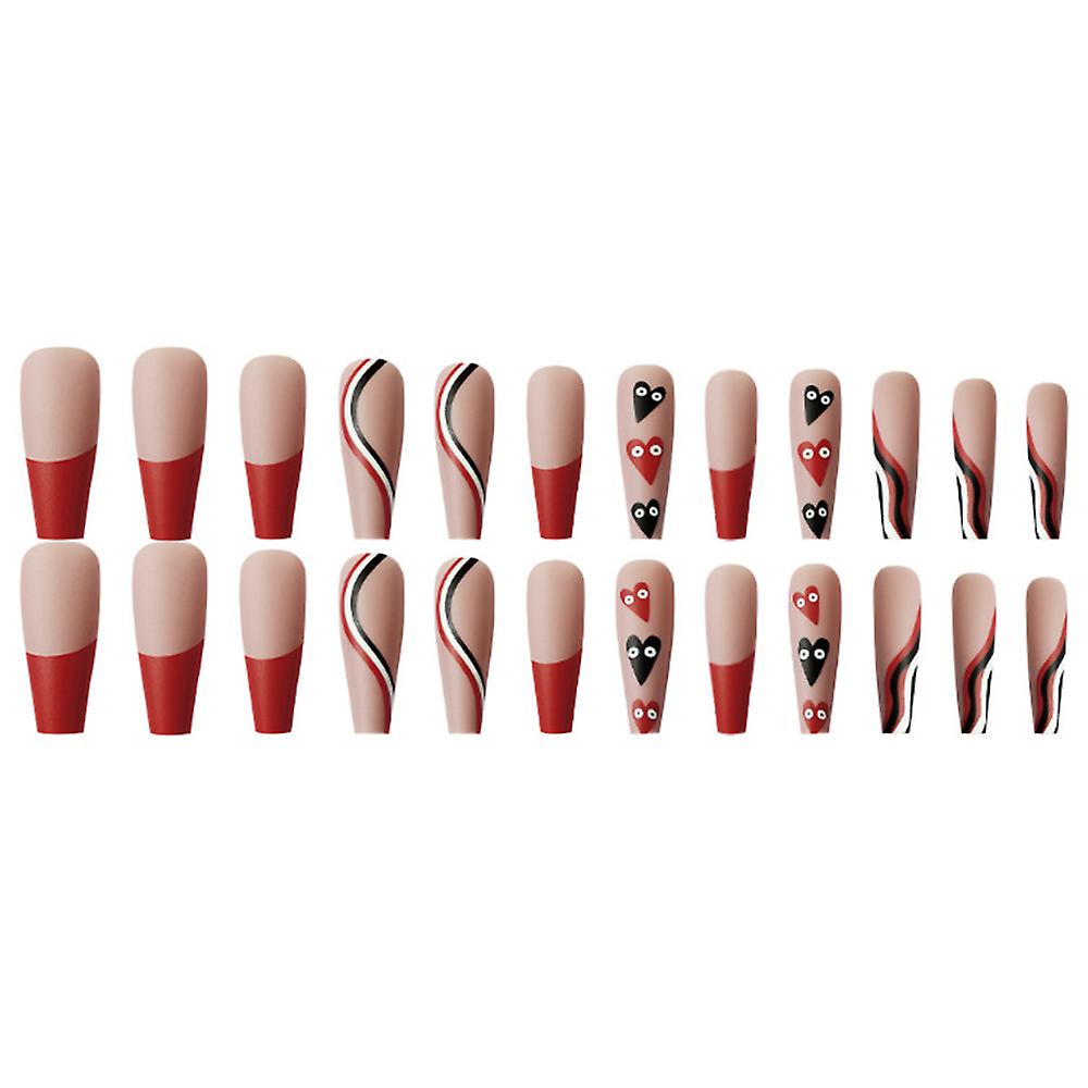 False Nail Salon Set Simple Red Black Line Nail With Heart Pattern