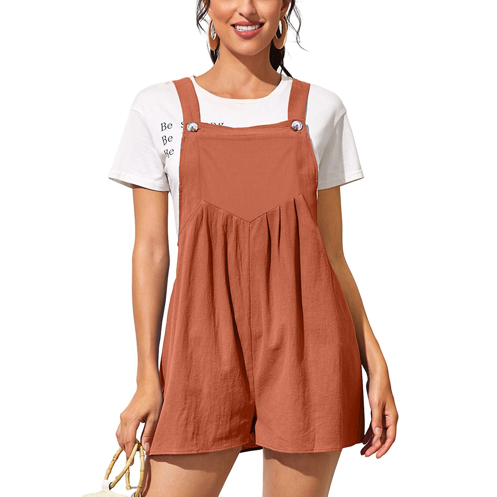 Women's Casual Short Overalls Solid Color Buckle Strap Bib Shortalls With Pocket