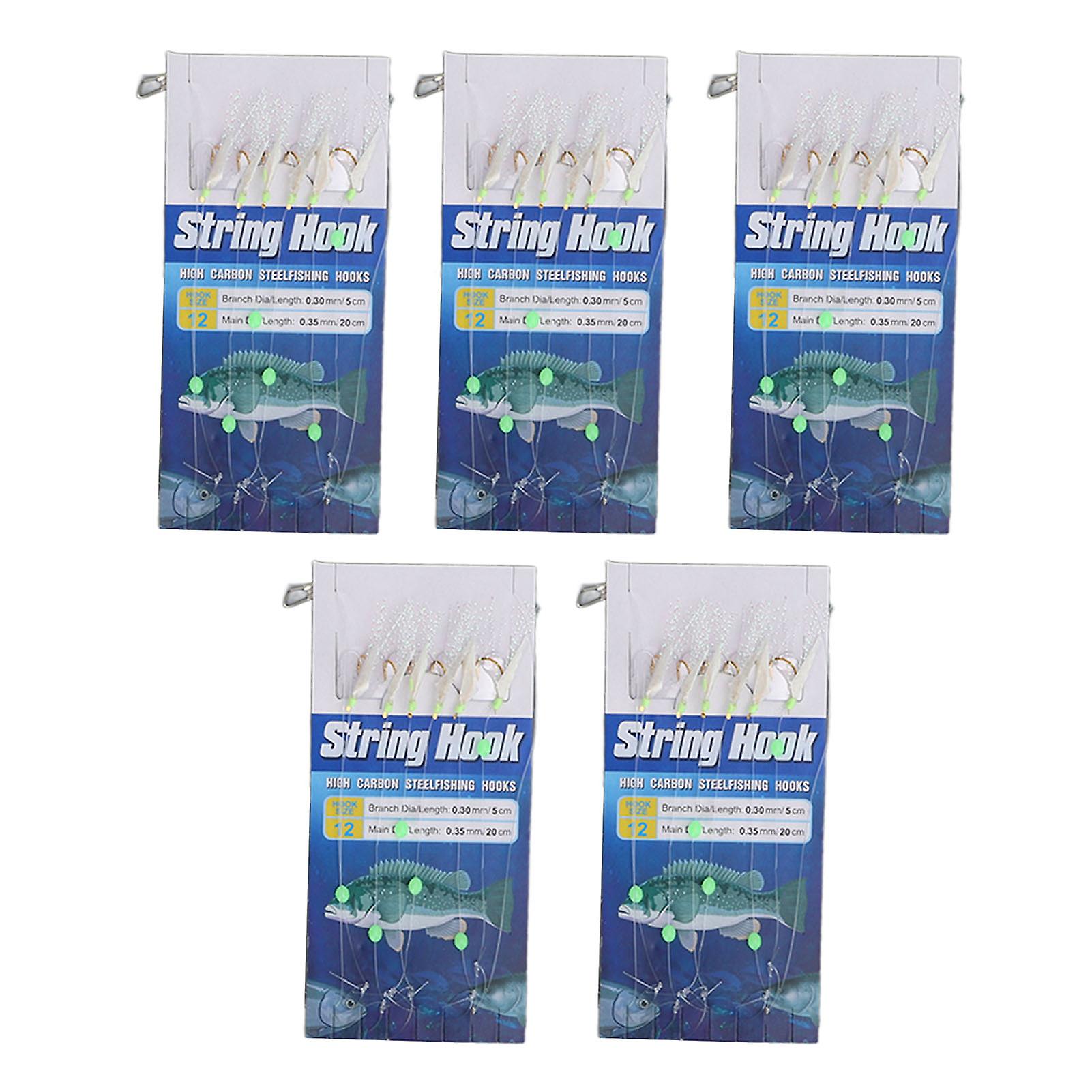 5 Pcs Fish Skin String Hooks with Luminous Beads Feather Fishing Rigs Baits 6 Hooks Saltwater Fishing Lure 12#
