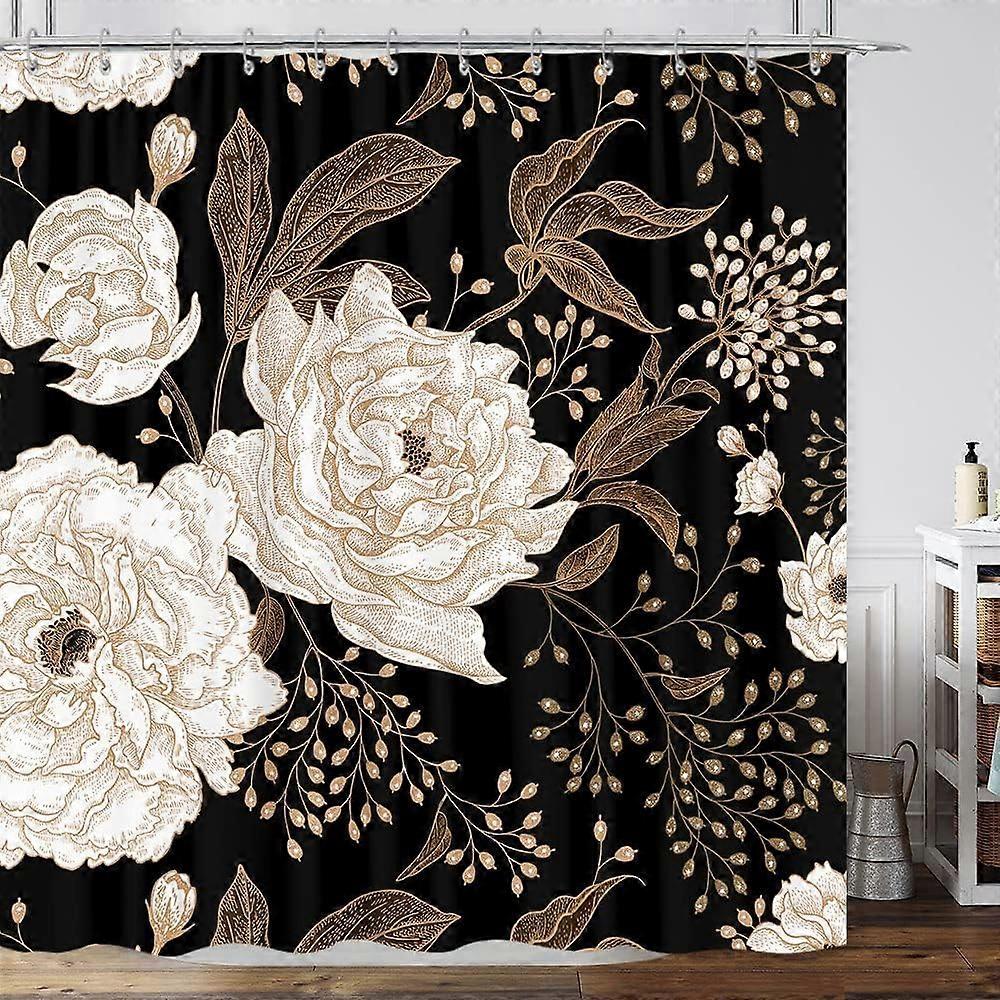 Černý a zlatý sprchový závěs, Listy tmavých růží Botanická estetika Boho Květinový sprchový závěs do koupelny s háčkem, Vintage růžové zlaté květy Fabr