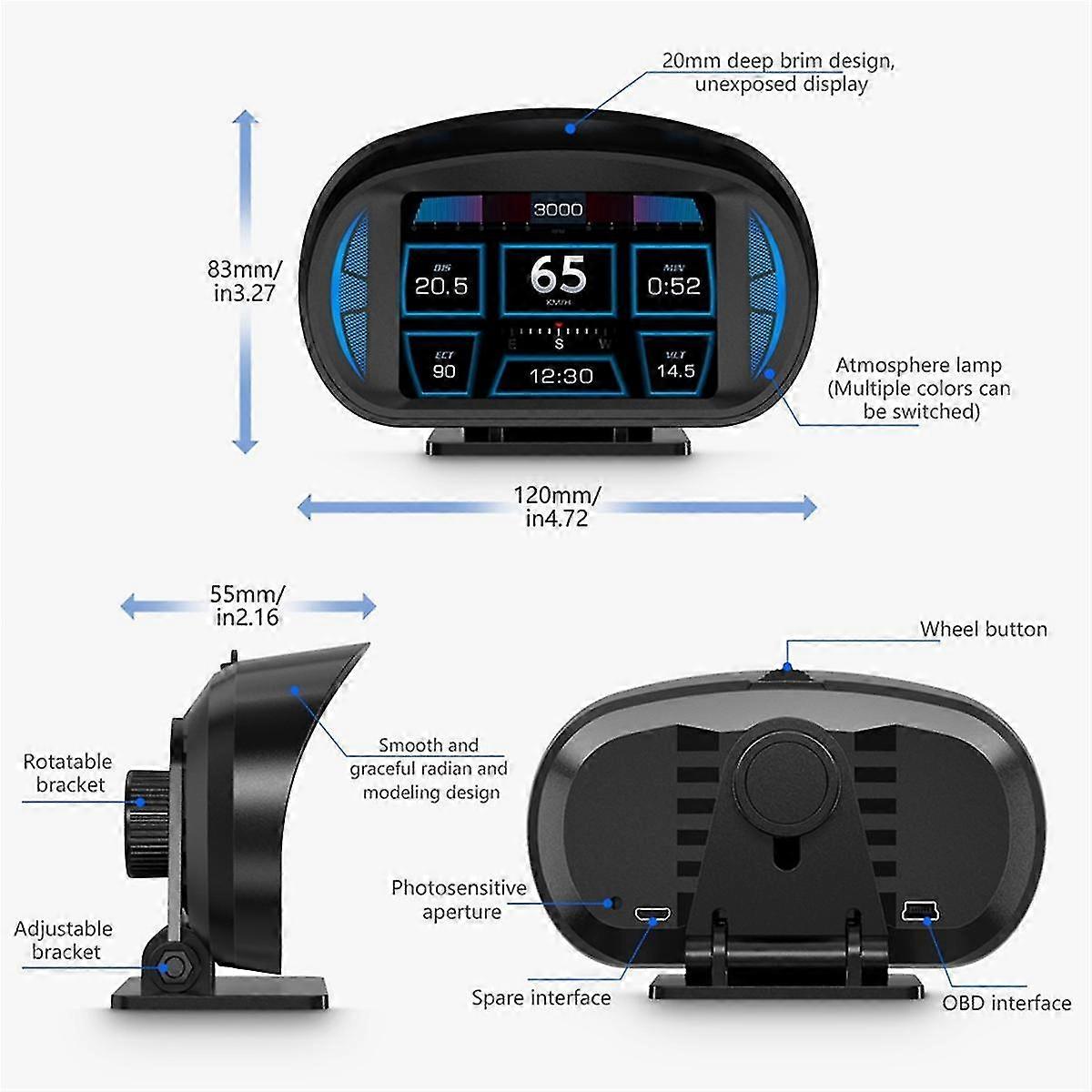P2 Car Hud Head-up Display Obd Gps Vehicle Speed And Gradient Meter Water Temperature And Fuel Cons