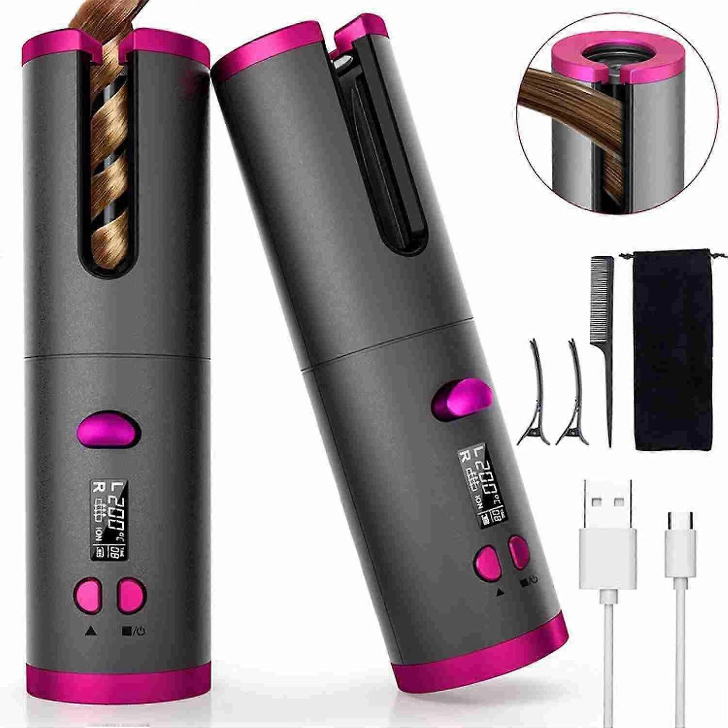 Automatic Hair Curler - Cordless Curling Iron with LCD Display & Adjustable Temperature Setting, USB Rechargeable Professional Hair Curler for long &
