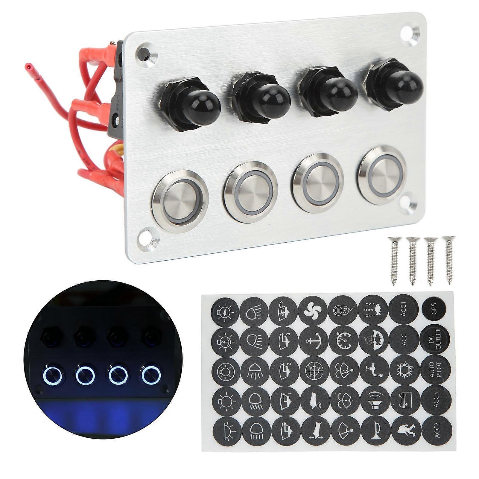 Πίνακας διακοπτών θαλάσσης 4 Gang με μπλε LED, αυτοκλειδούμενο κουμπί DC12V 16A Universal για αυτοκίνητο, σκάφος, τροχόσπιτο, φορτηγό
