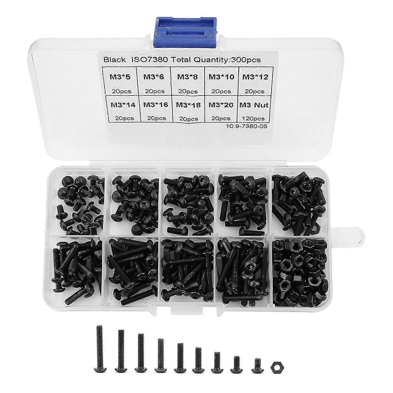 300pcs M3 Schwarz 10.9 Grad Knopfkopf Inbuschse Schraube Schraubenmutter Sortiment Kit
