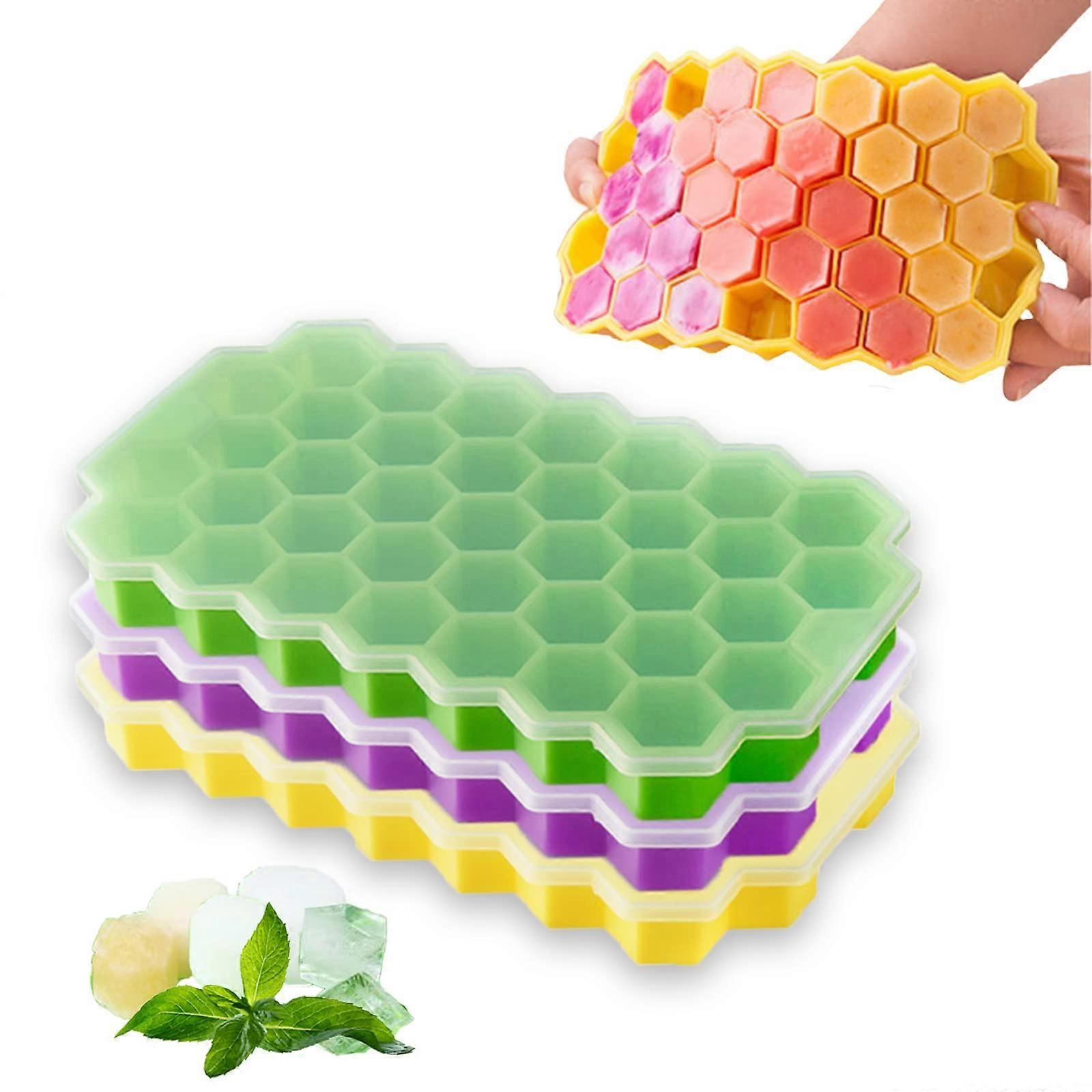Ice Cube Tray, 3 Pack Silicone Ice Cube Moulds with Stackable Lids, Easy Release Silicone and Each Makes 37 Hexagonal Ice Cubes, Keep Gin, Drinks, Whi