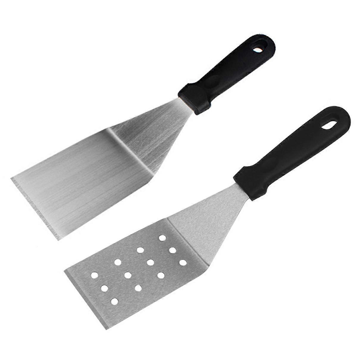 2-piece set: 2 professional turning tools/grill scrapers (angled, rigid), with perforated and closed blades, stainless steel/plastic, busbar, black/si