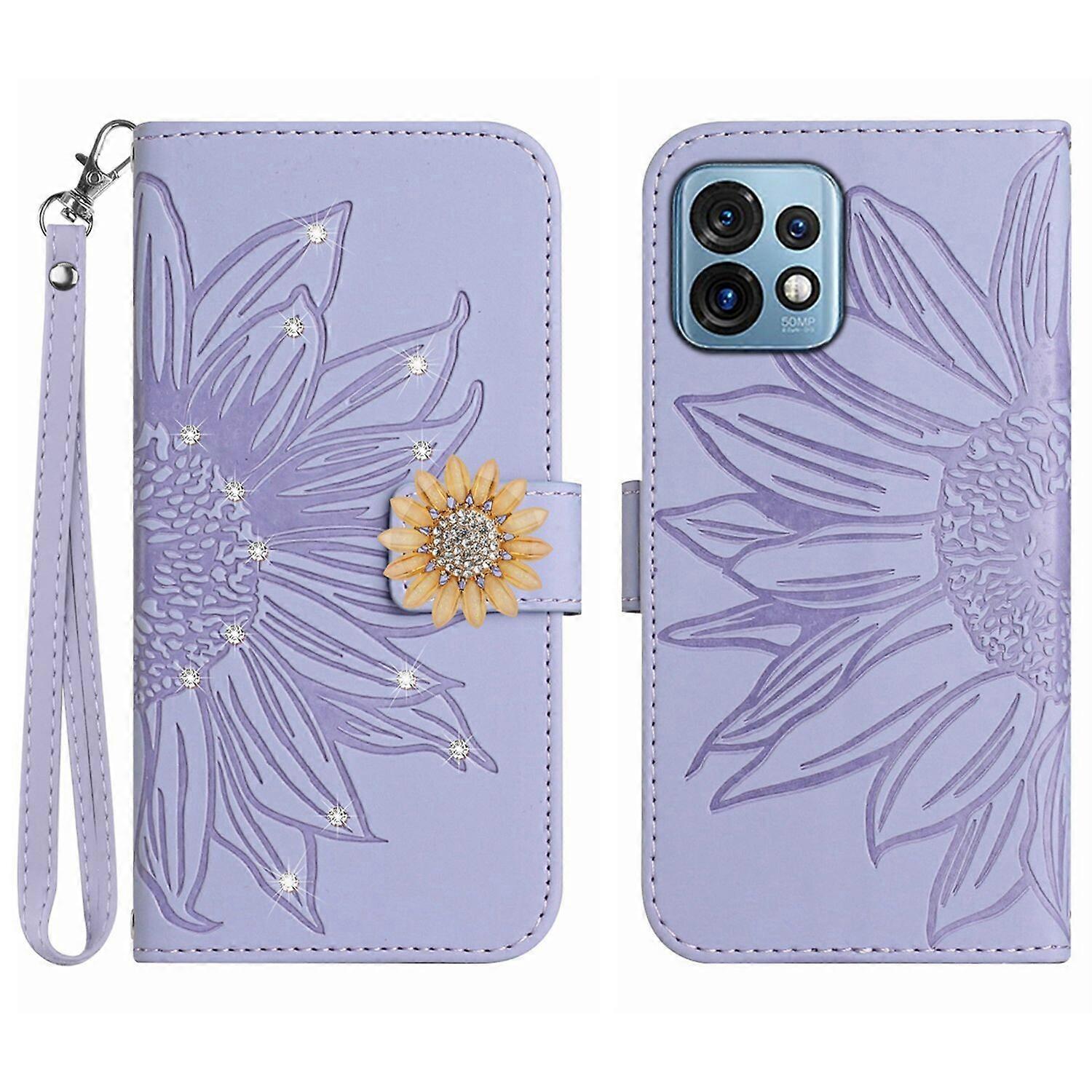 Compatible With Motorola Edge Plus 2023 Embossed Sunflower with Diamonds Magnetic Card Holder Wallet Phone Case with Short Strap