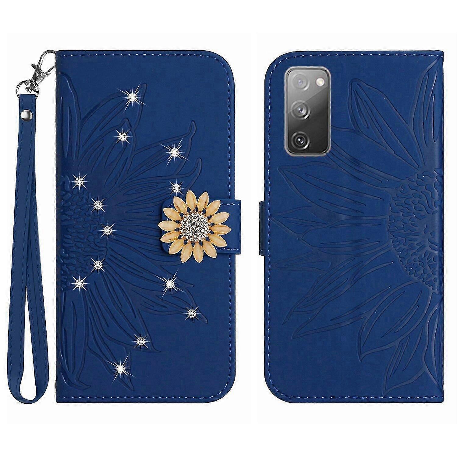 Compatible With Samsung Galaxy S20 FE Embossed Sunflower with Diamonds Magnetic Card Holder Wallet Phone Case with Short Strap