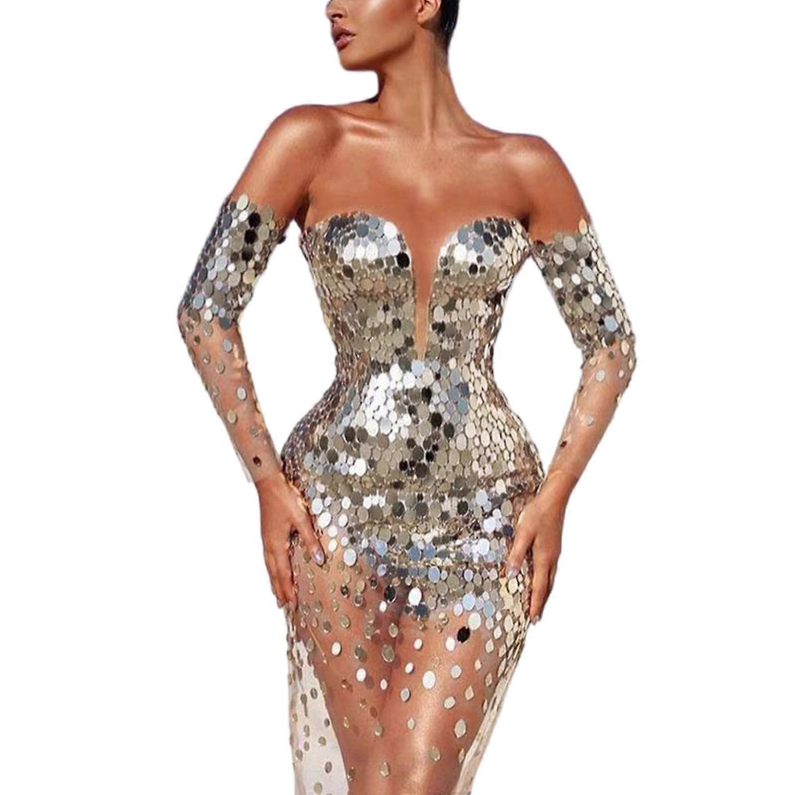 Sparkling Long Sleeve Bare Shoulder Bodycon Dress for Women Sequined Mesh  Spliced Prom Dresses for Nightclub Cocktail Silver M | Fruugo TR