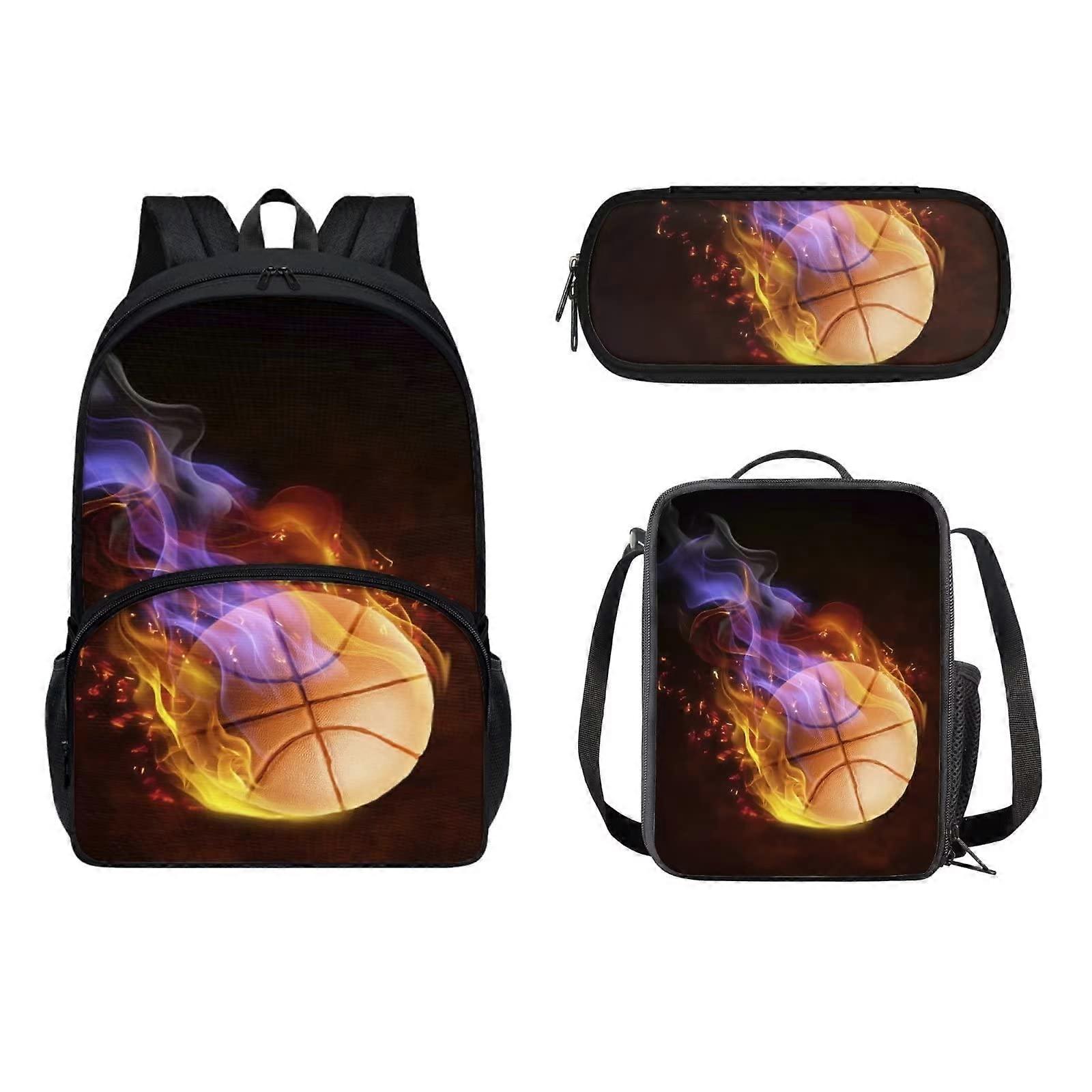 Fire Basketball Printed Backpack 3-Pack, School Daypack, Polyester, Multi-Color, Adjustable Straps