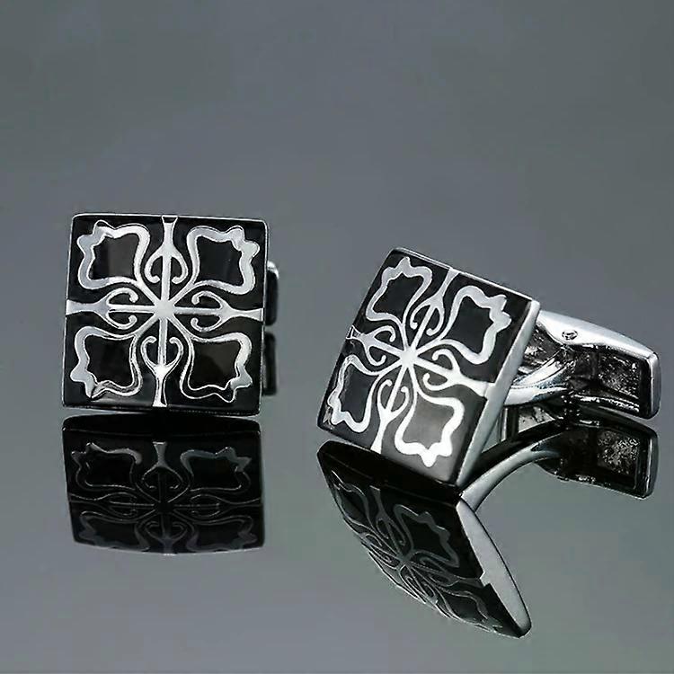 Cufflinks for Men-2 Pairs Clover Rose Pattern,Black Floral Design -