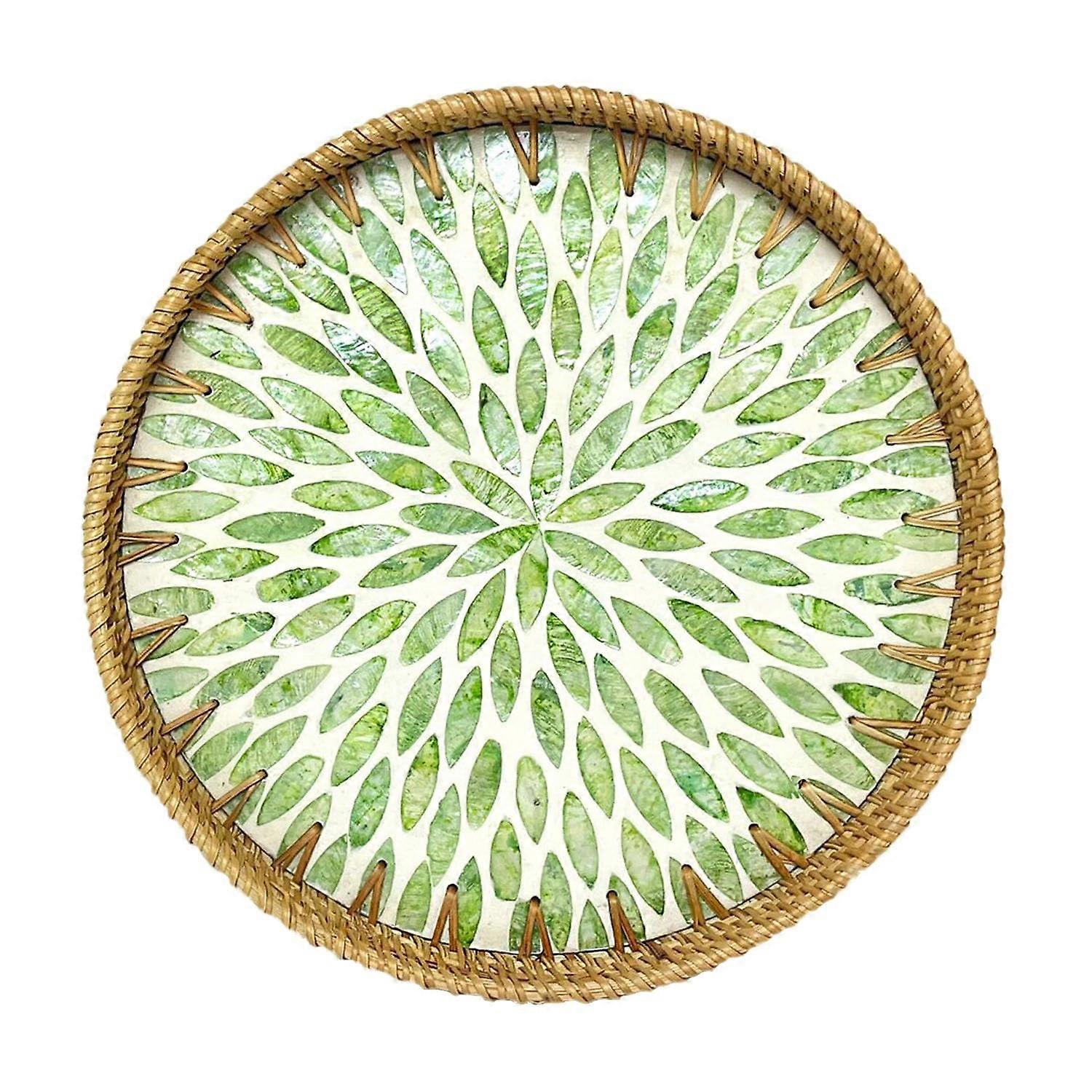Round Rattan Tray with Mother of Pearl Inlay, 13.8-Inch Decorative Wicker Serving Tray for Boho Home Decor, Natural Green Color