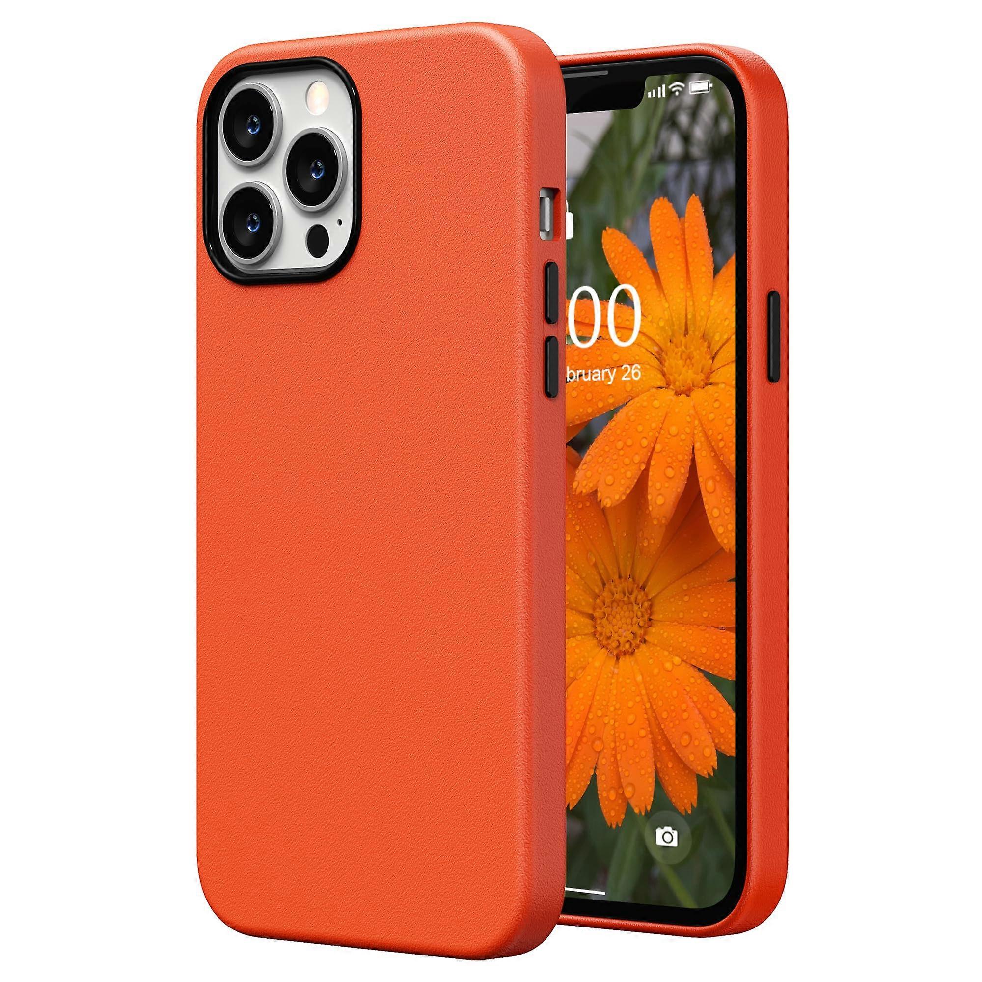 Compatible with iPhone 13 Pro Max Case, Premium Faux Leather Cover with Microfiber Lining and Metallic Buttons, Orange 6.7 inch