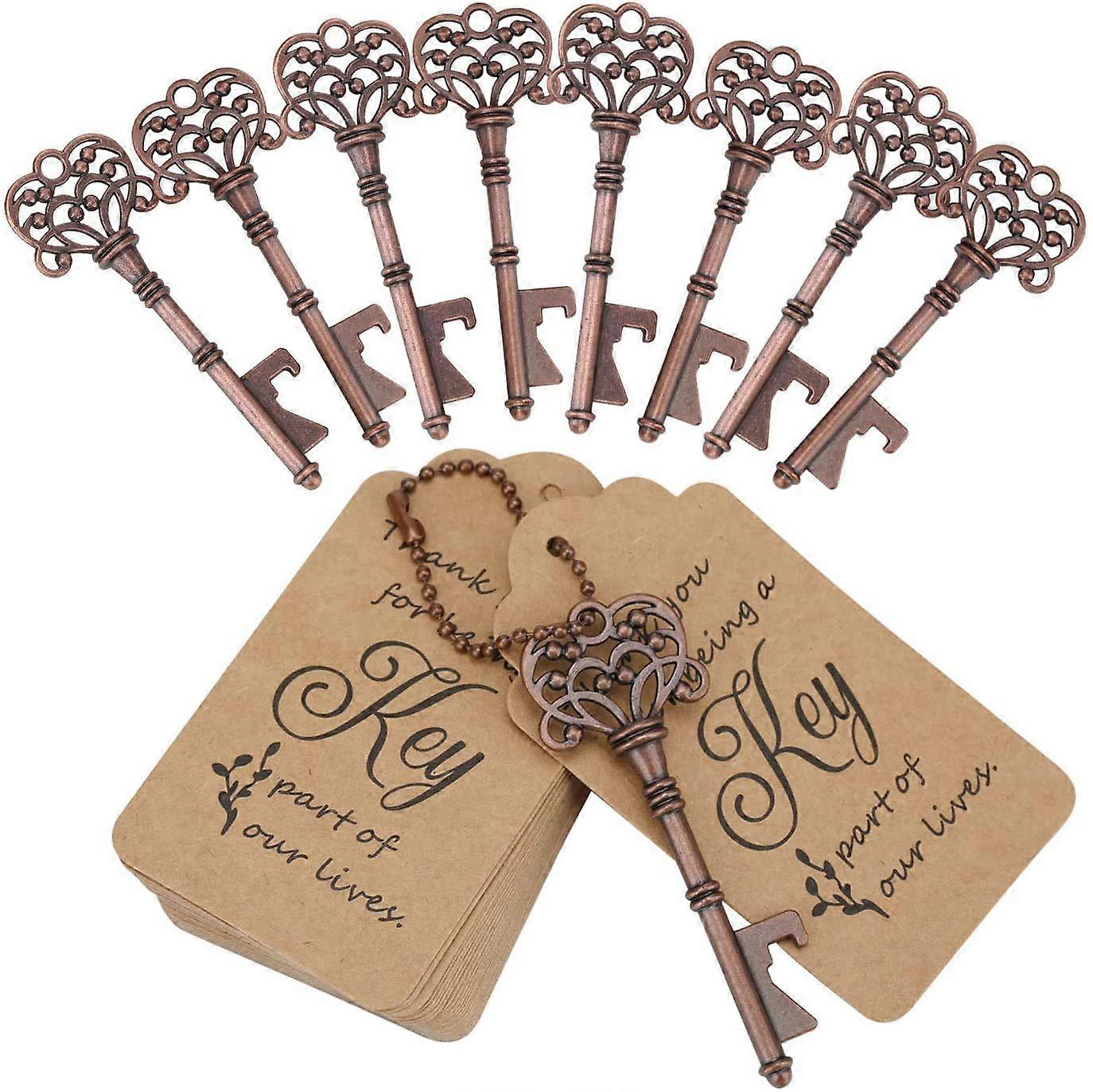 100 Vintage Skeleton Key Bottle Openers with Dating Label Cards, Red Copper Keychain for Wedding and Party Gifts