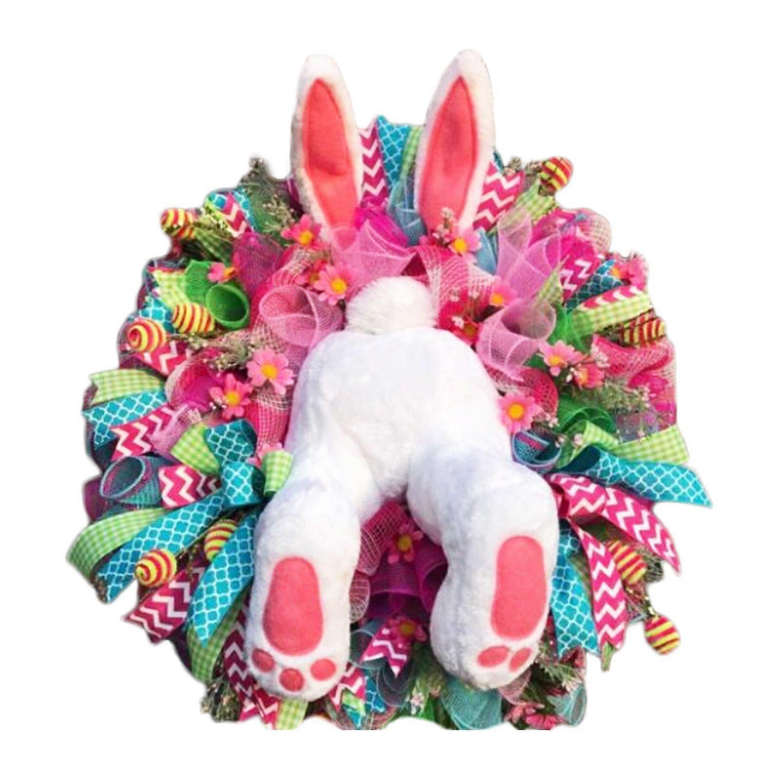 2023 New Upgrade Easter Bunny Wreath Home Decorations for Shopping Malls and Homes - Handmade Wood Curl Garland with Linen, 60x45CM