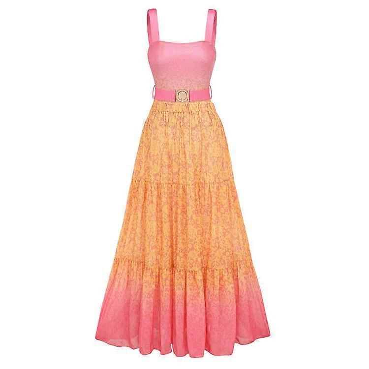 Ombre Pink Yellow Swimsuit Set Jacquard Belt One-Piece with Boho Maxi Skirt