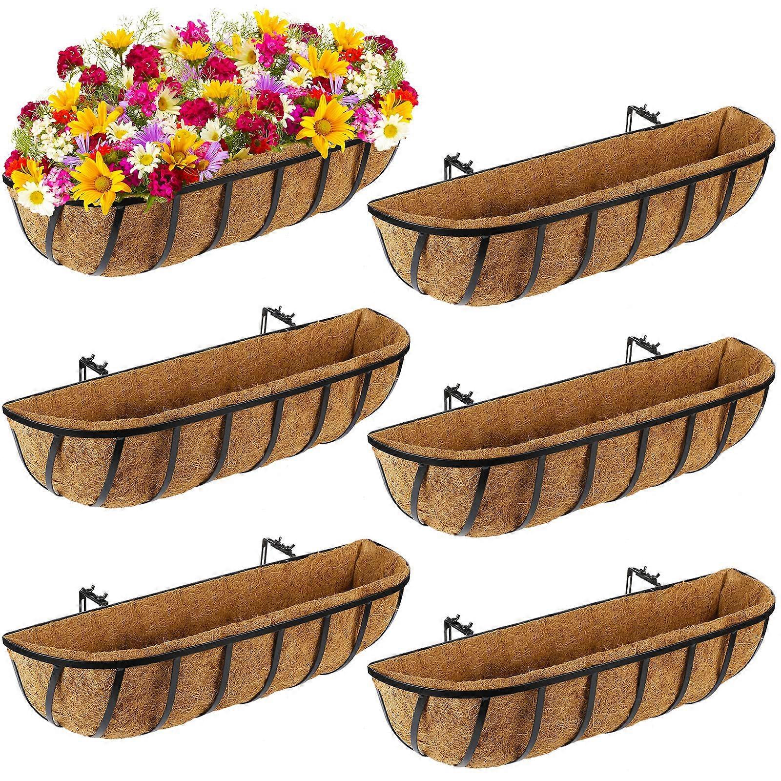 6 Pieces 24 Inch Metal Black Window Baskets with Coconut Liner for Indoor Outdoor Railing Flower Planters