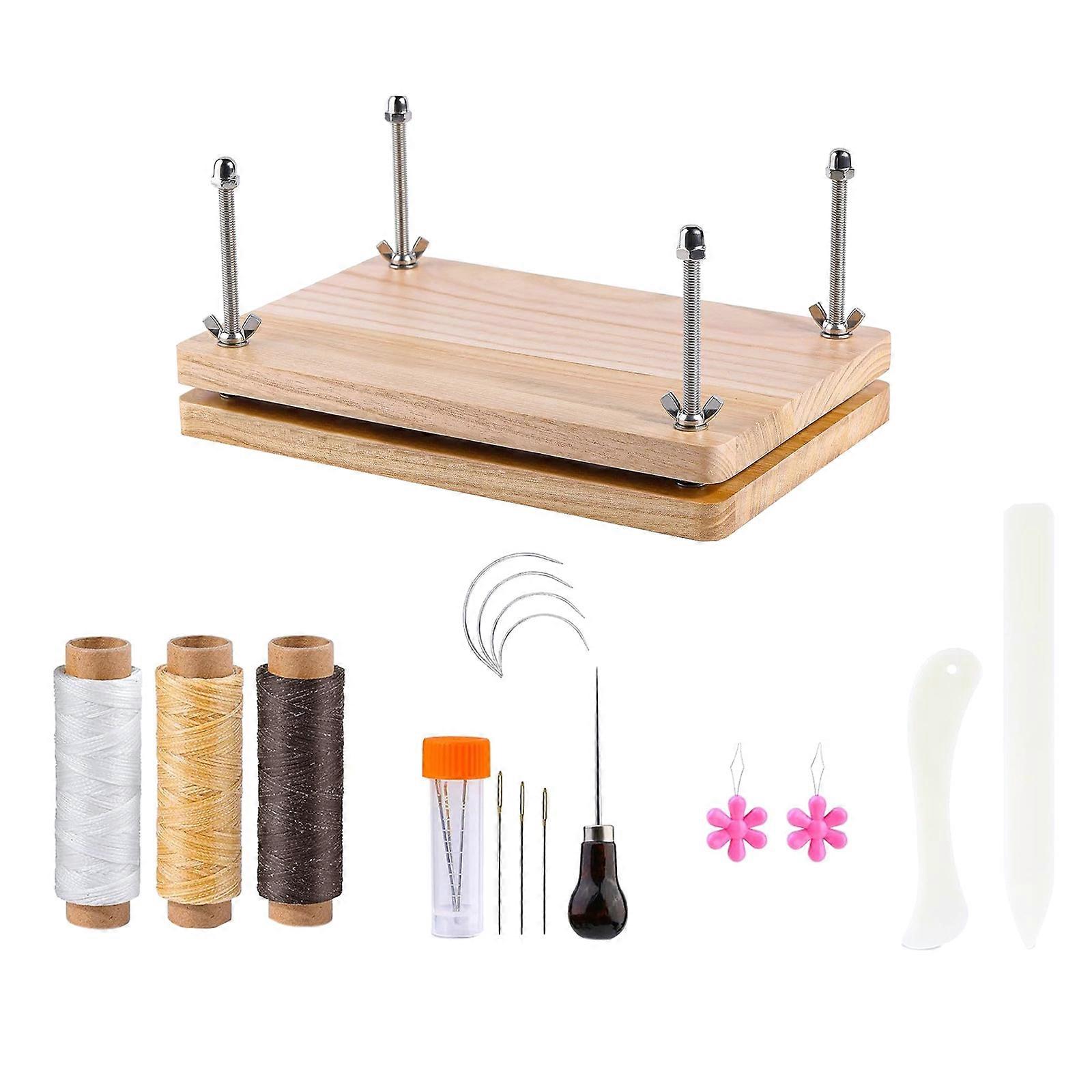 مجموعة أدوات تجليد الكتب والخياطة مع مكبس تجليد الكتاب الخشبي ، الخيط المشمع ، إبرة الخياطة ، المجلد المجعيد ، الخيوط