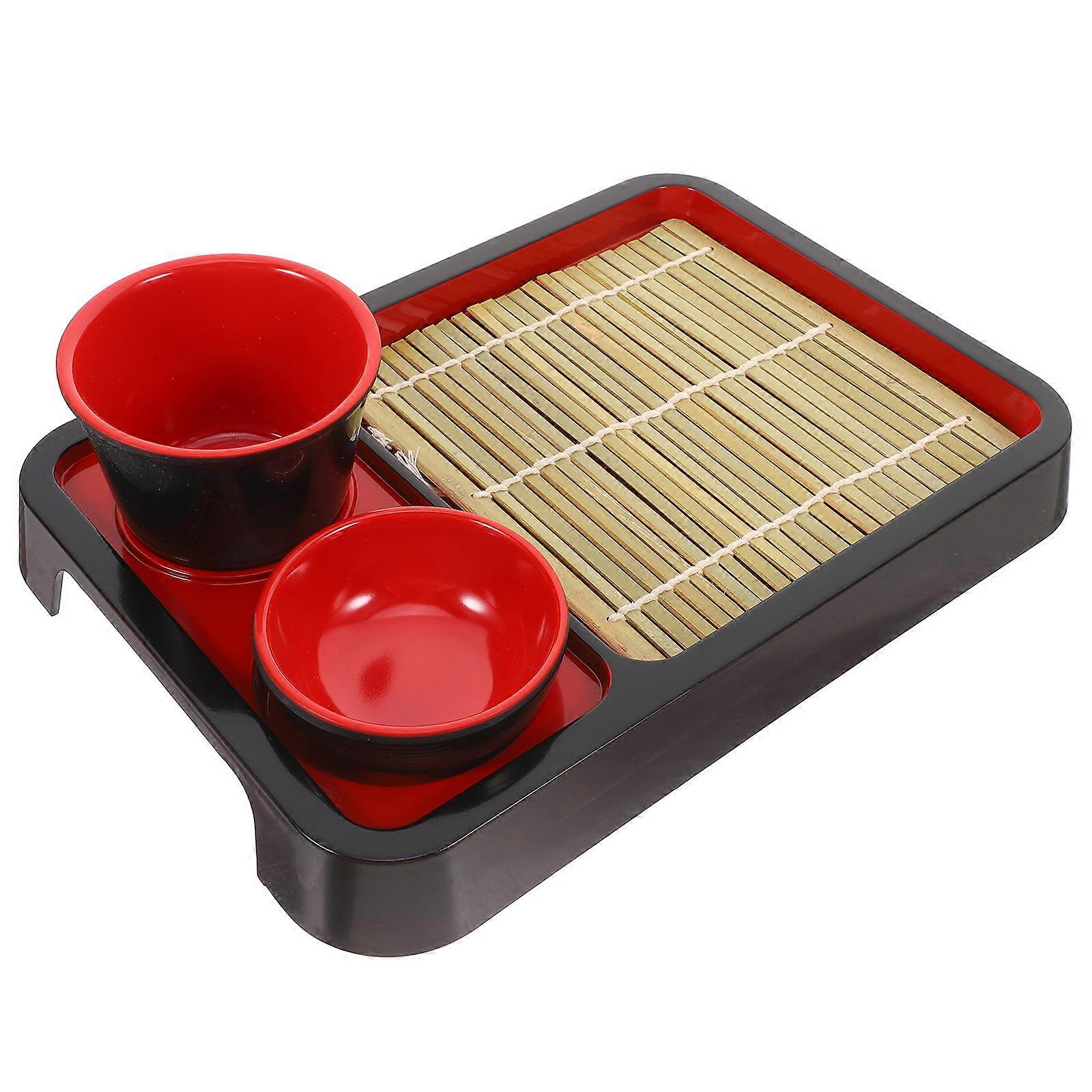 Japanese Tray, Plate Set with Matching Bamboo Mat Included
