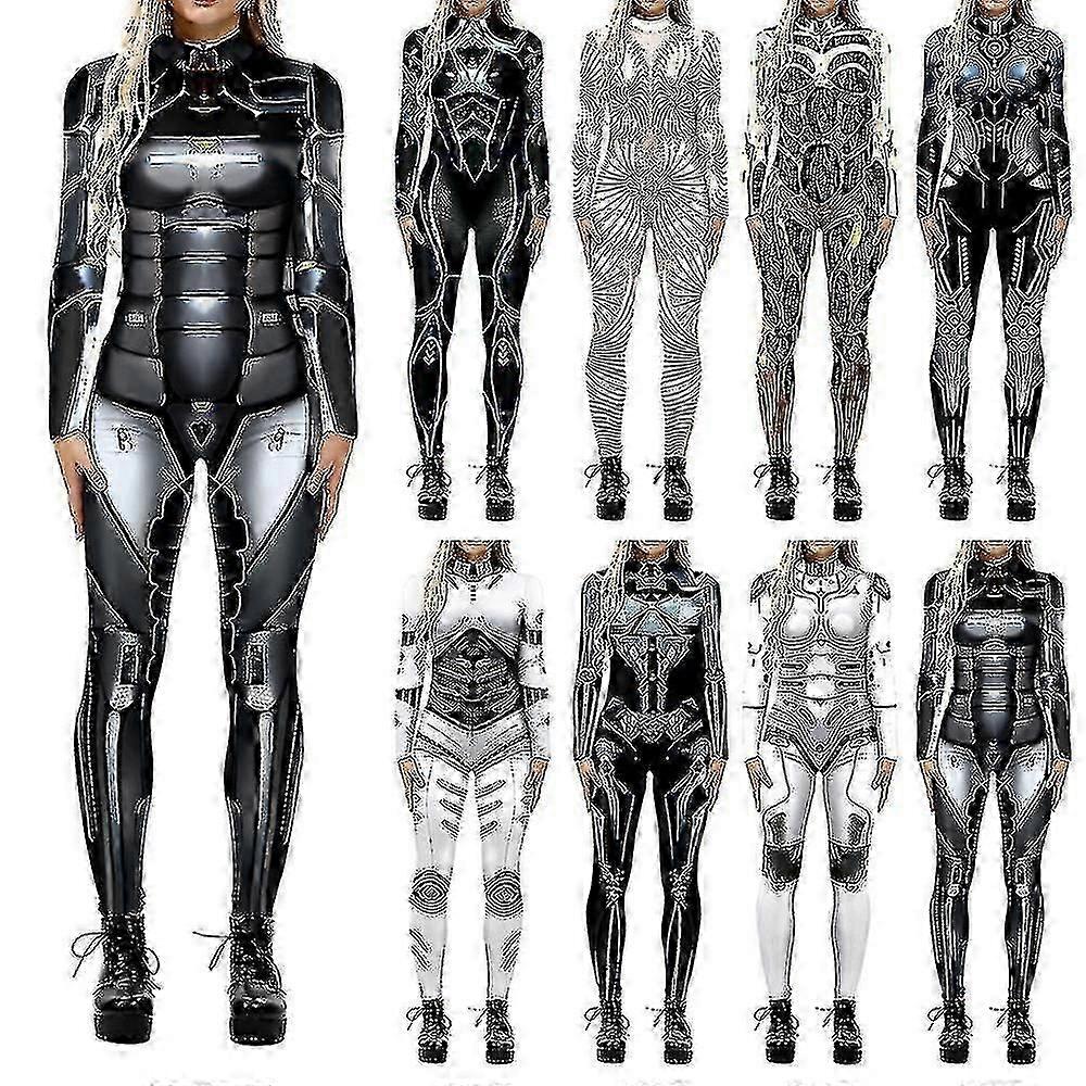 Bebetterハロウィンコスチューム:女性のための3Dロボットプリントコスプレジャンプスーツ大人のサイバーパンクファンシードレス