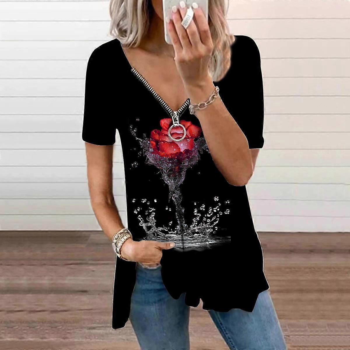 Pentru femei Top Vară Nouă Modă Albastru Lalea Imprimat Casual Fermoar Decolteu în V Manșon scurt Top